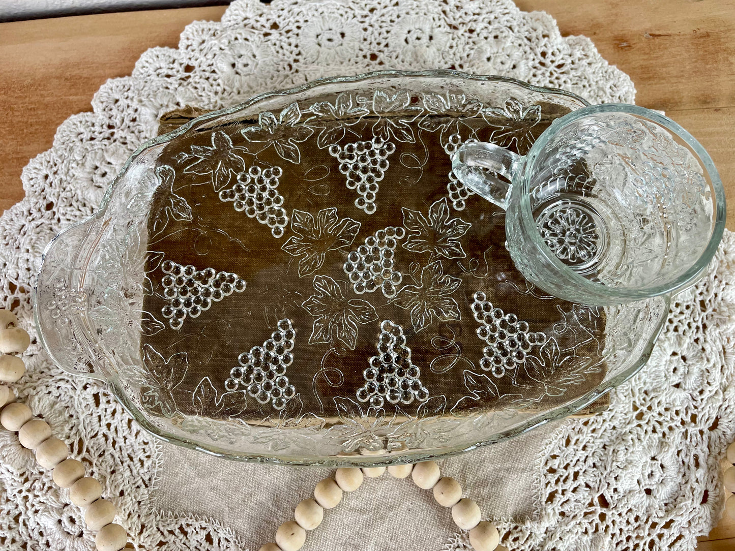 Vintage Anchor Hocking Clear Glass 8-Piece Snack Set with Grape Pattern