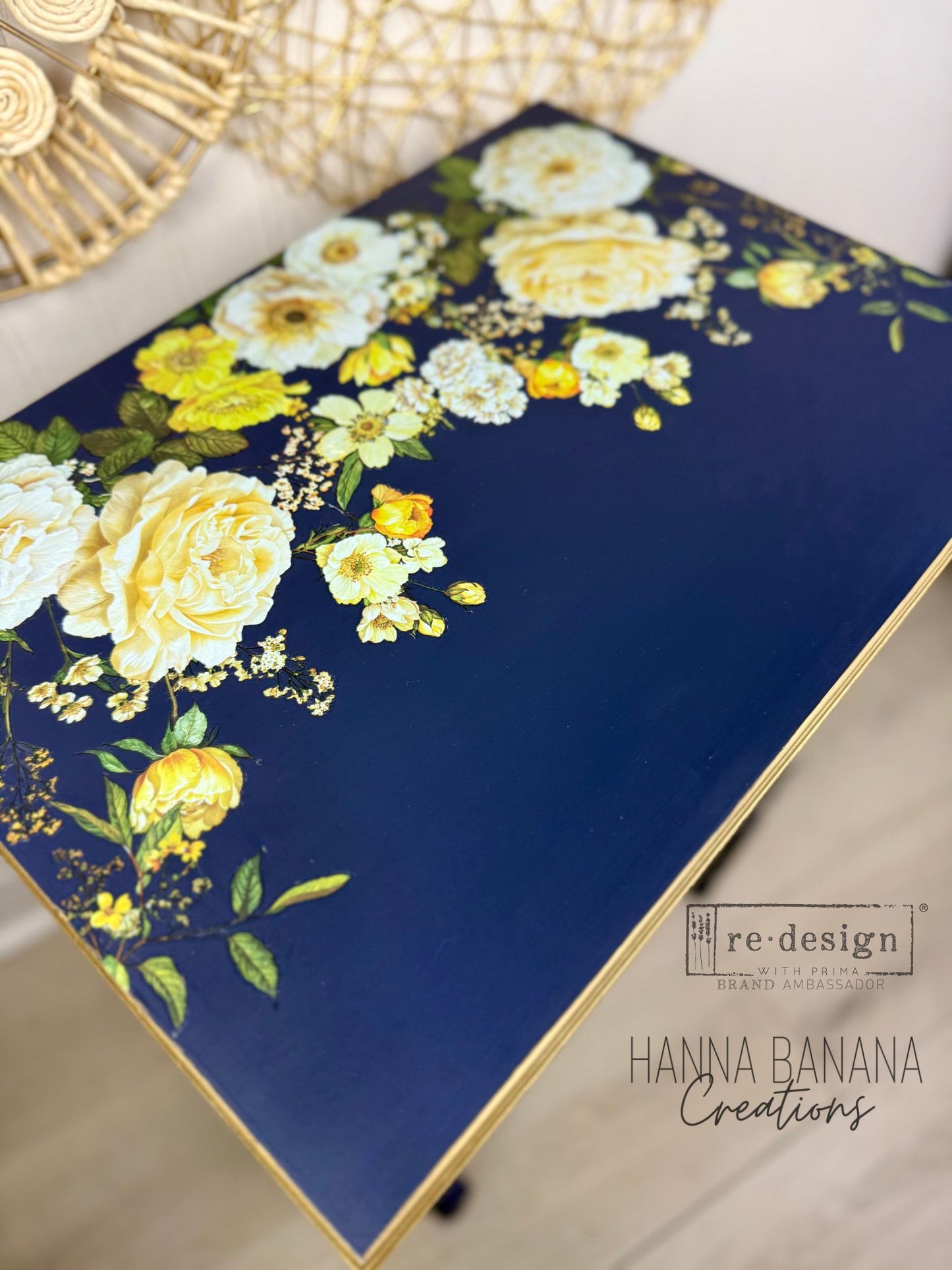 Hand Painted Blue Side Table with Yellow Florals- Shipping Included
