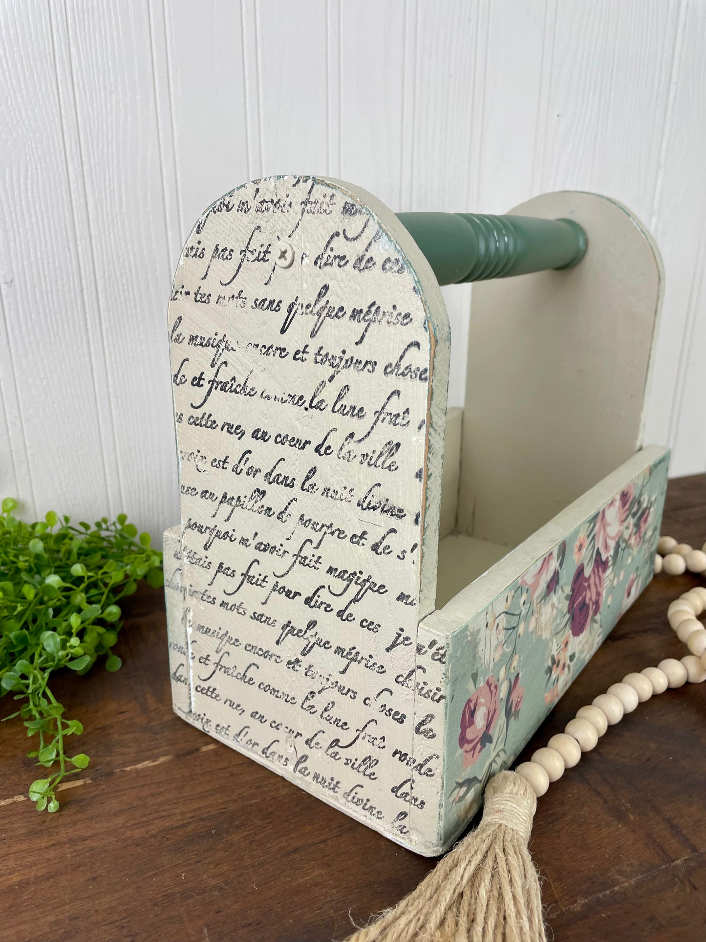 Handmade Upcycled Wooden Beige Tote with Green Handle