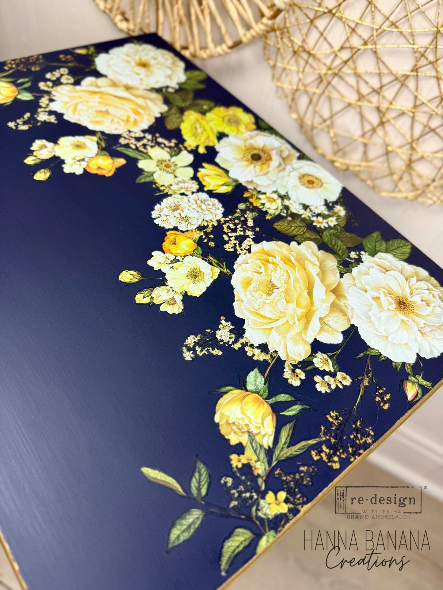 Hand Painted Blue Side Table with Yellow Florals- Shipping Included