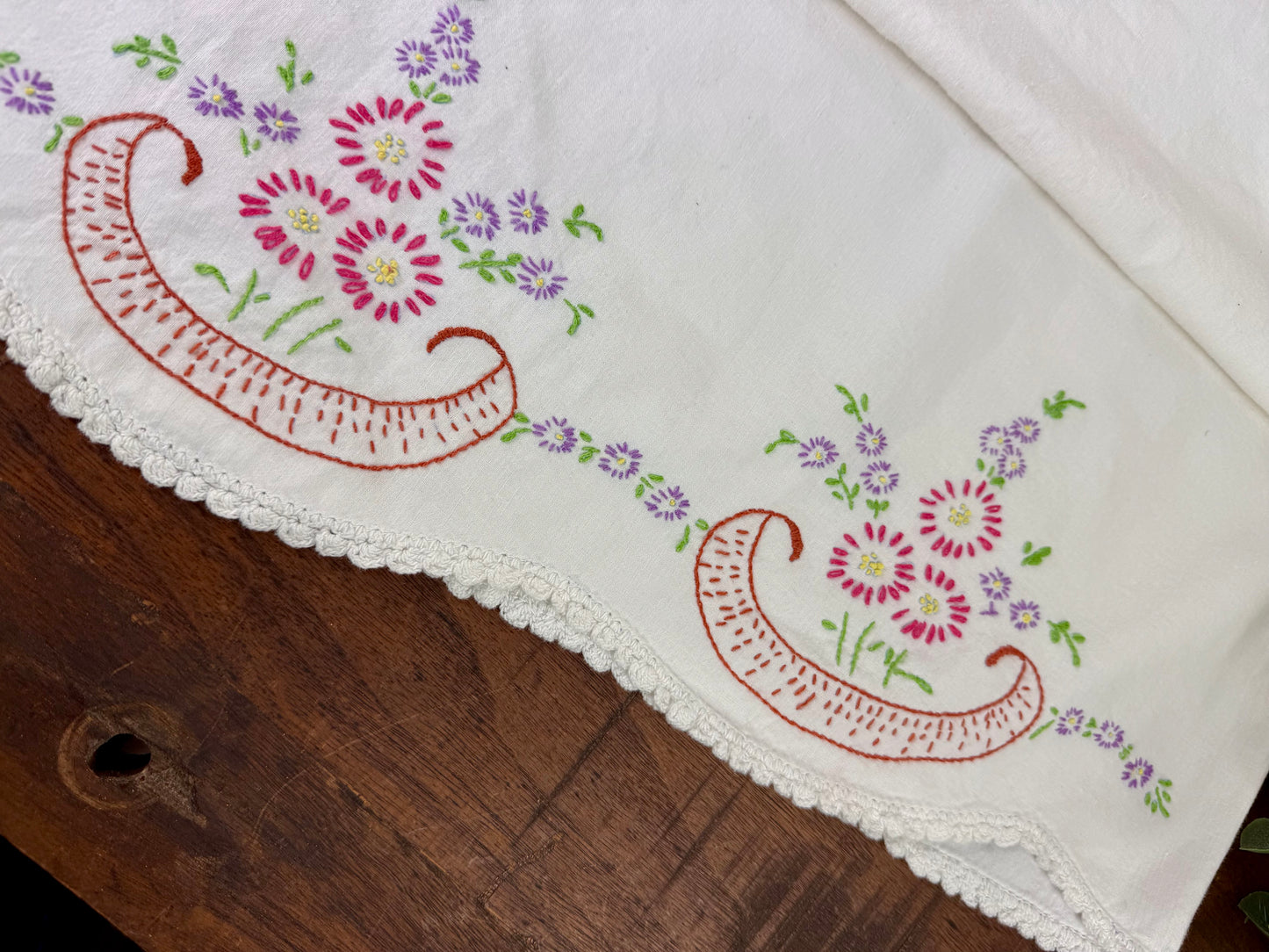 Vintage Hand Embroidered Pillowcase Set- Pink & Purple Florals