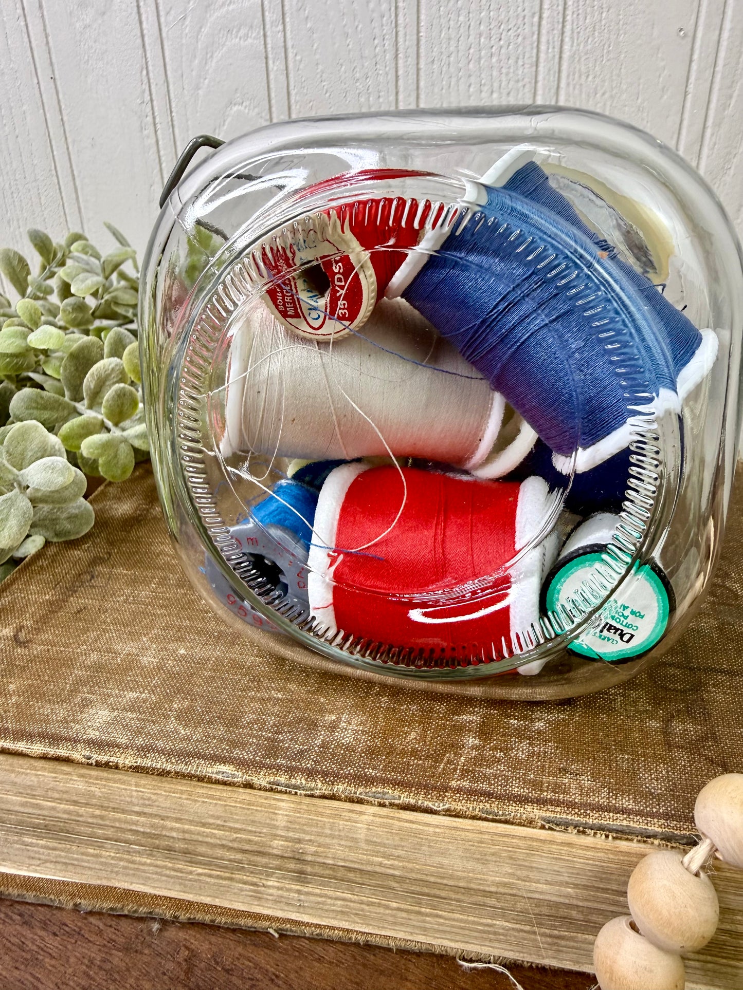 Vintage Glass Clasp Jar with Thread Spools