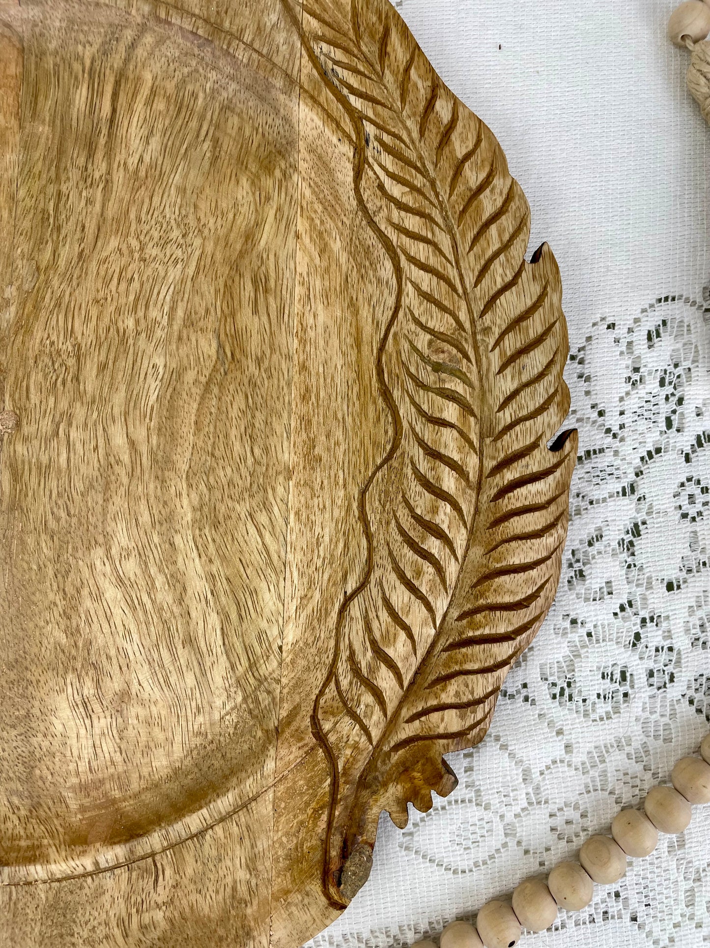 Wooden Platter with Carved Feather Details
