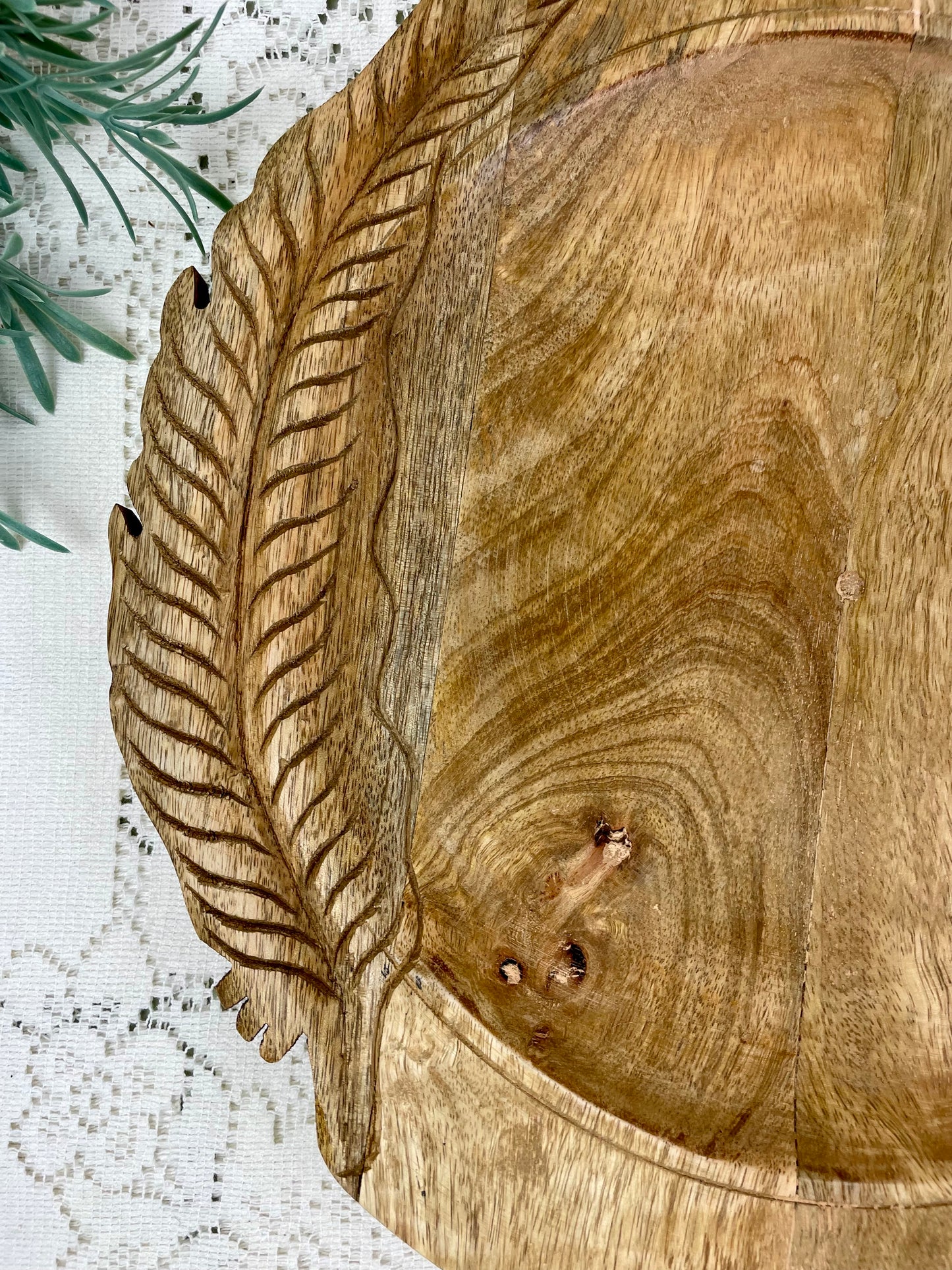 Wooden Platter with Carved Feather Details