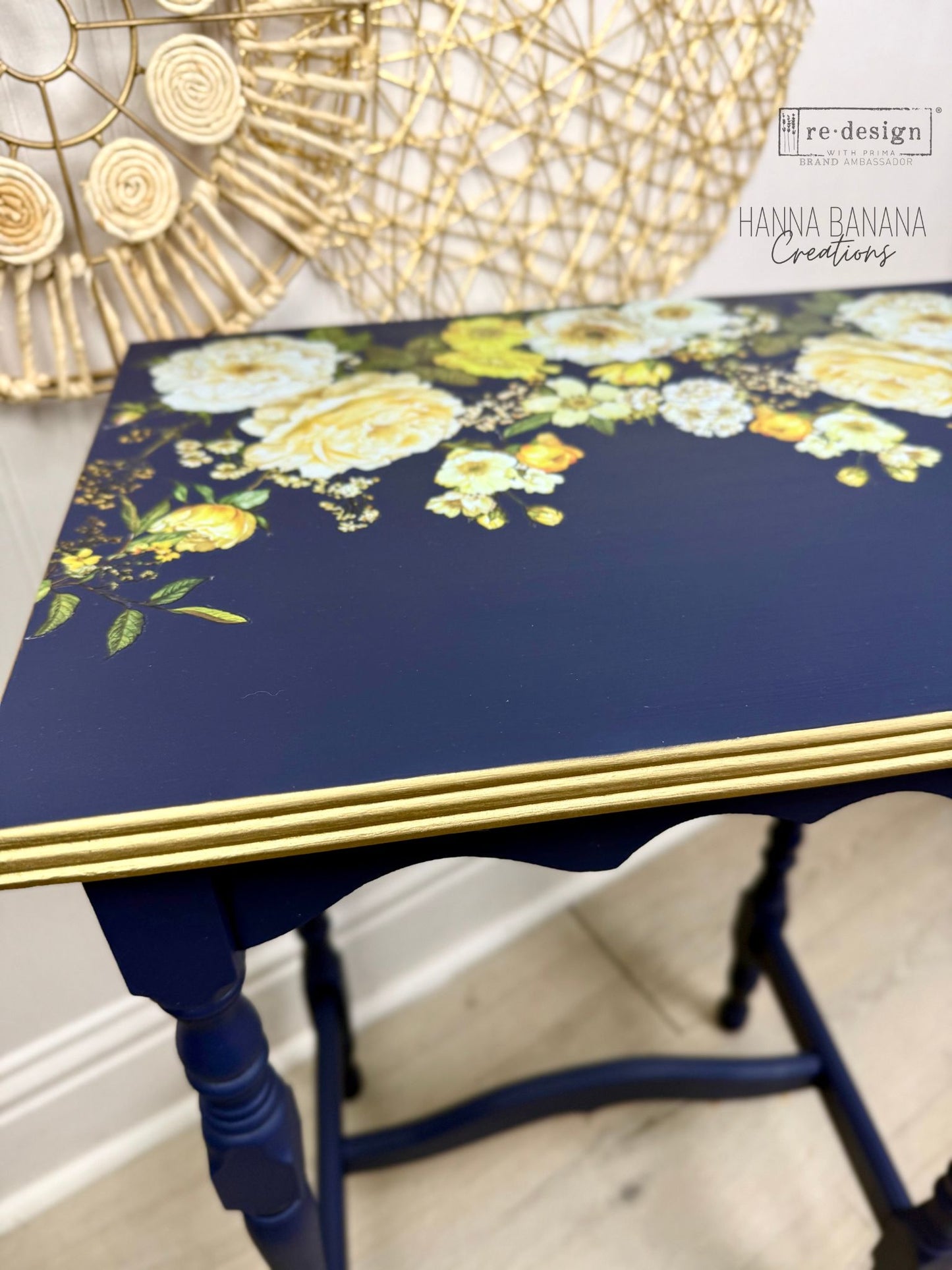 Hand Painted Blue Side Table with Yellow Florals- Shipping Included