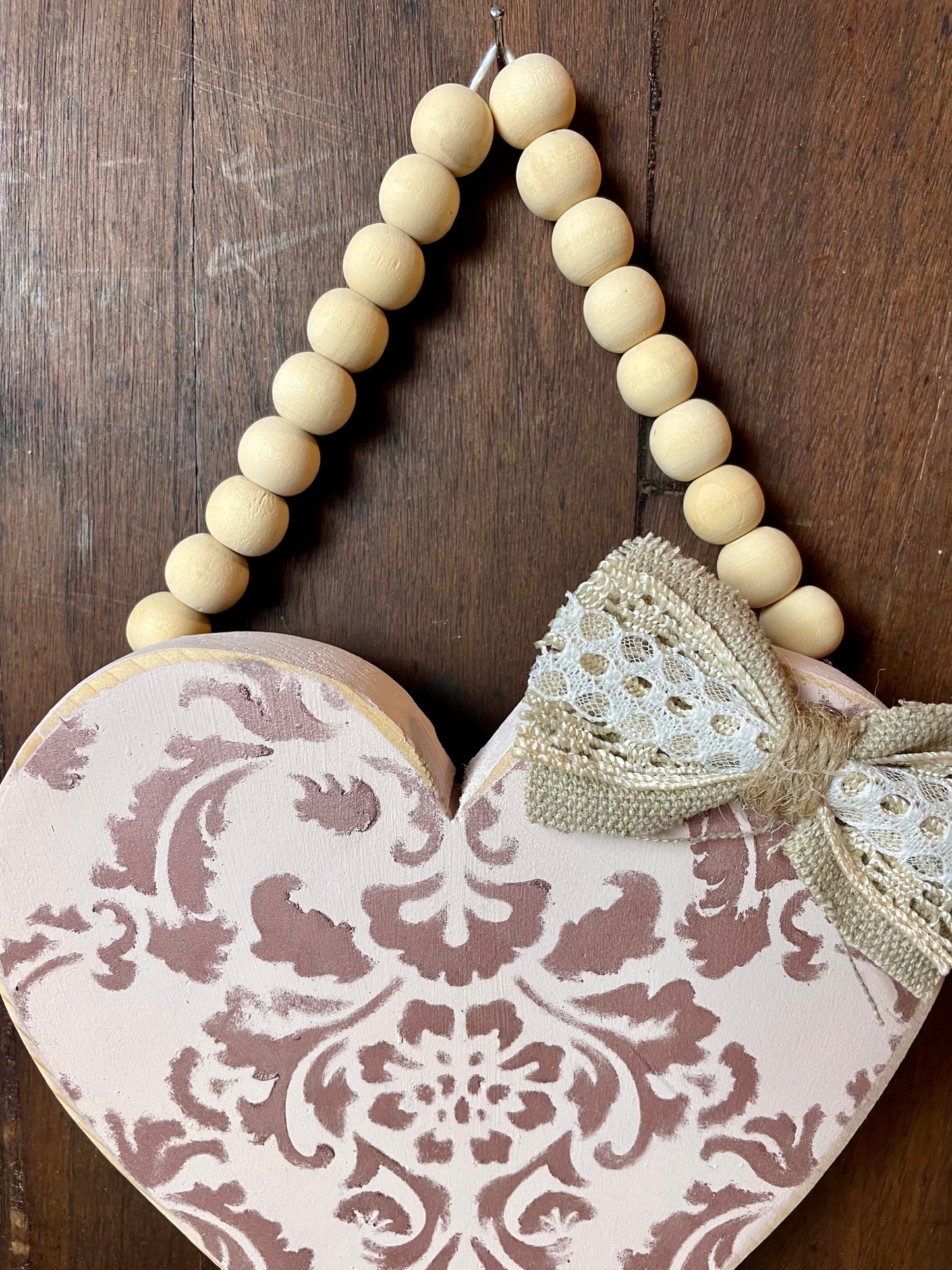 Handmade Reclaimed Wood Heart with Bead Hanger- F