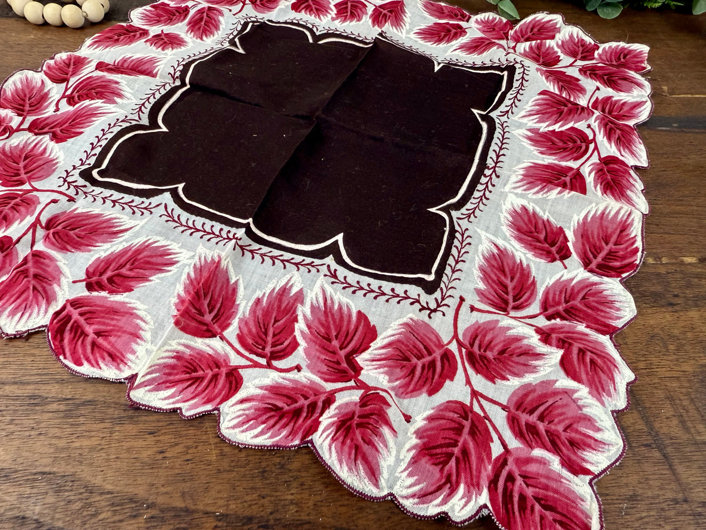 Vintage Burgundy Leaf Linen Hankie