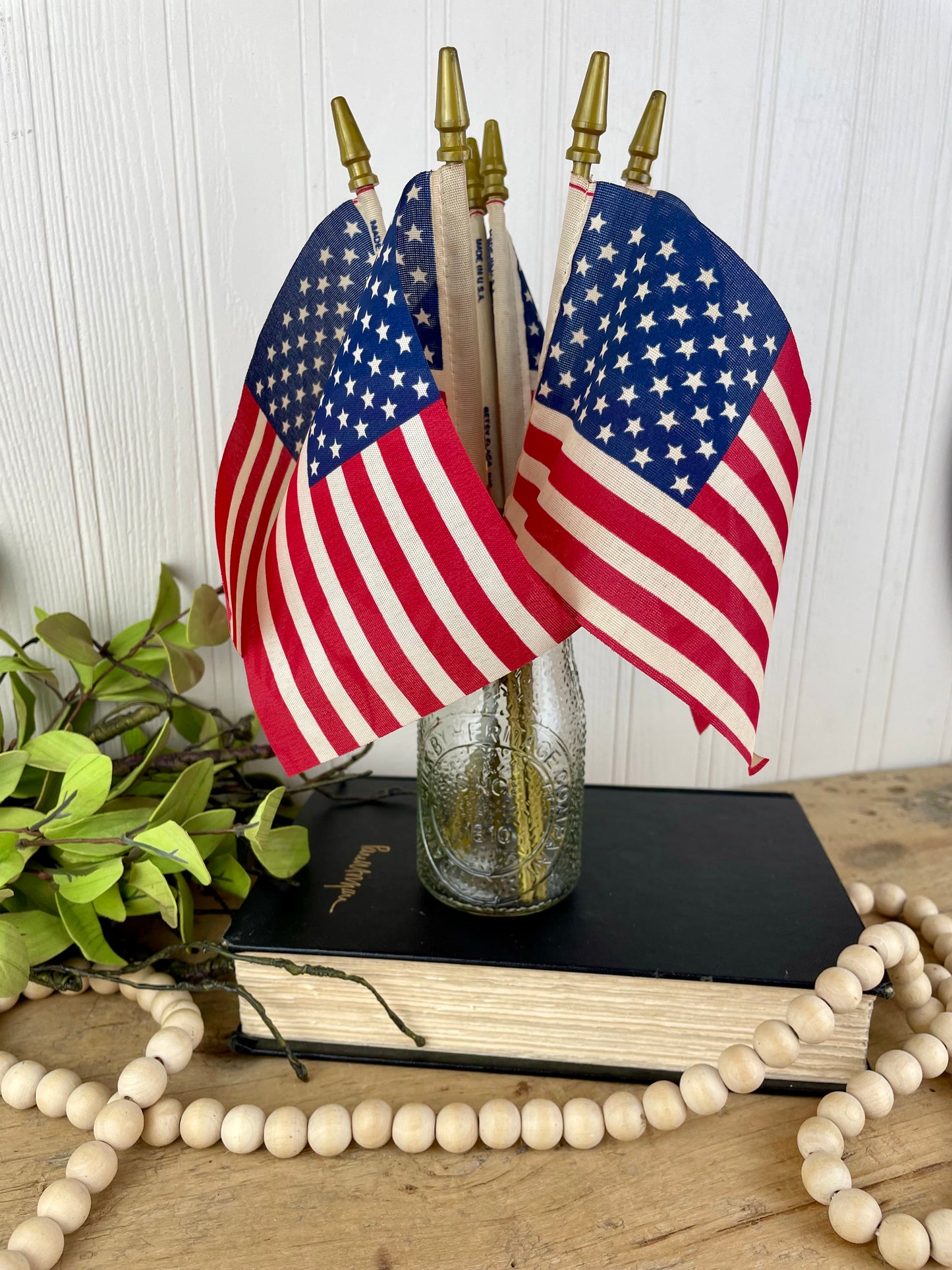 Vintage Pebbled Glass Half Pint Milk Bottle with Mini Flags