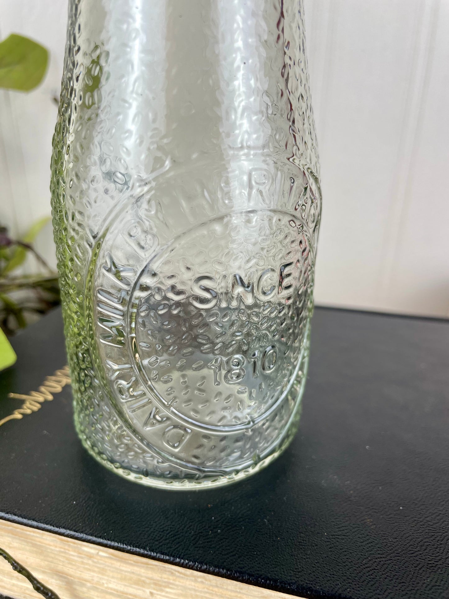 Vintage Pebbled Glass Half Pint Milk Bottle with Mini Flags