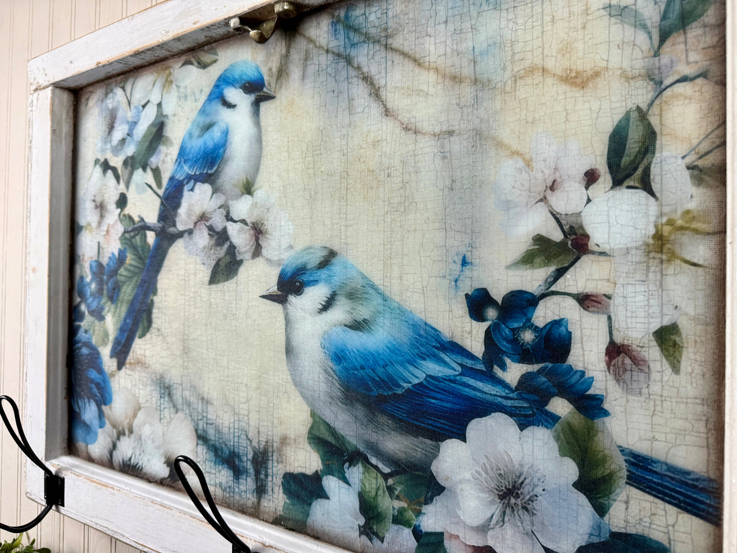 Handmade Upcycled Blue Bird Window Wall Art with Hanging Hooks- Shipping Included