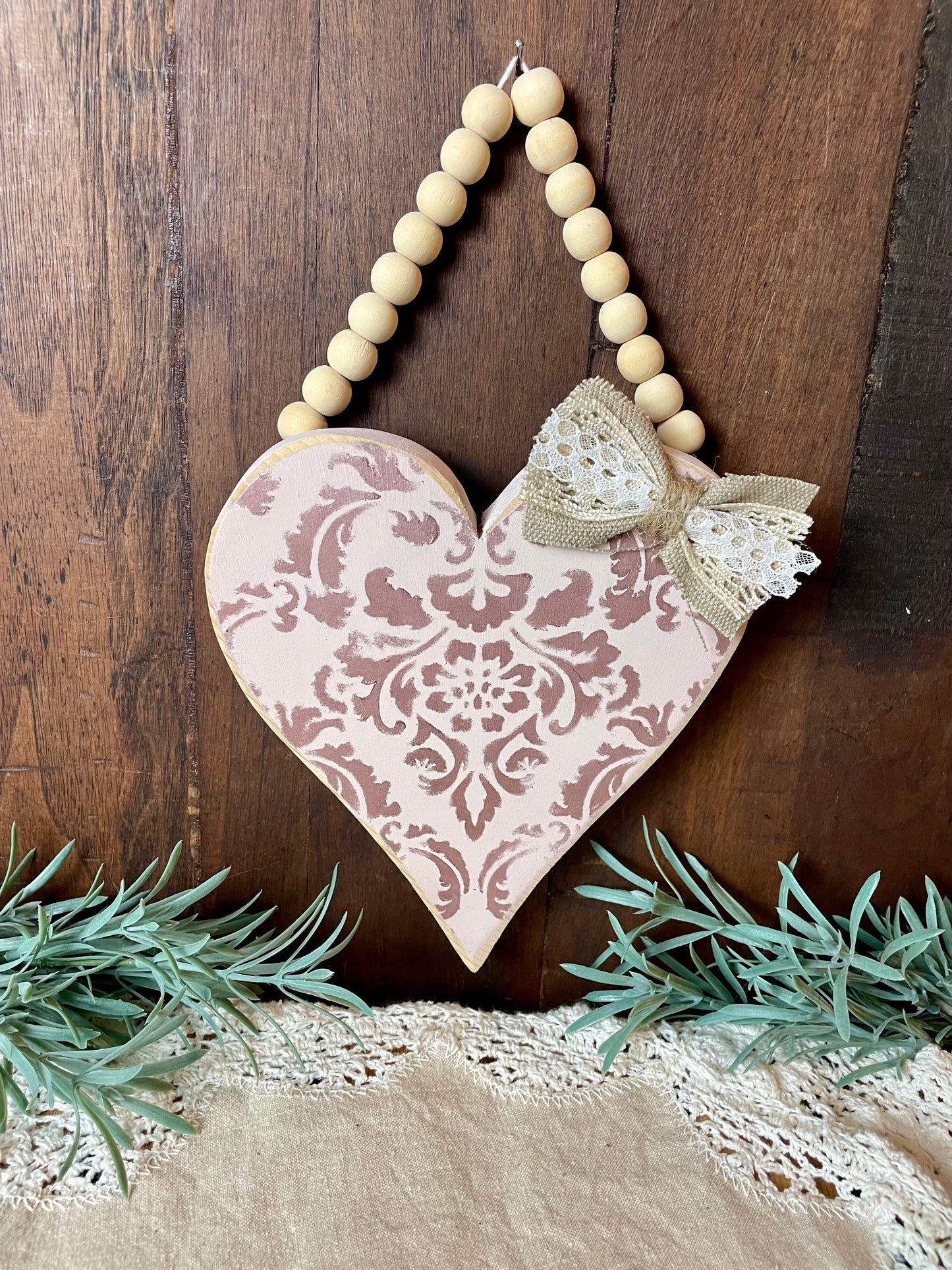 Handmade Reclaimed Wood Heart with Bead Hanger- F