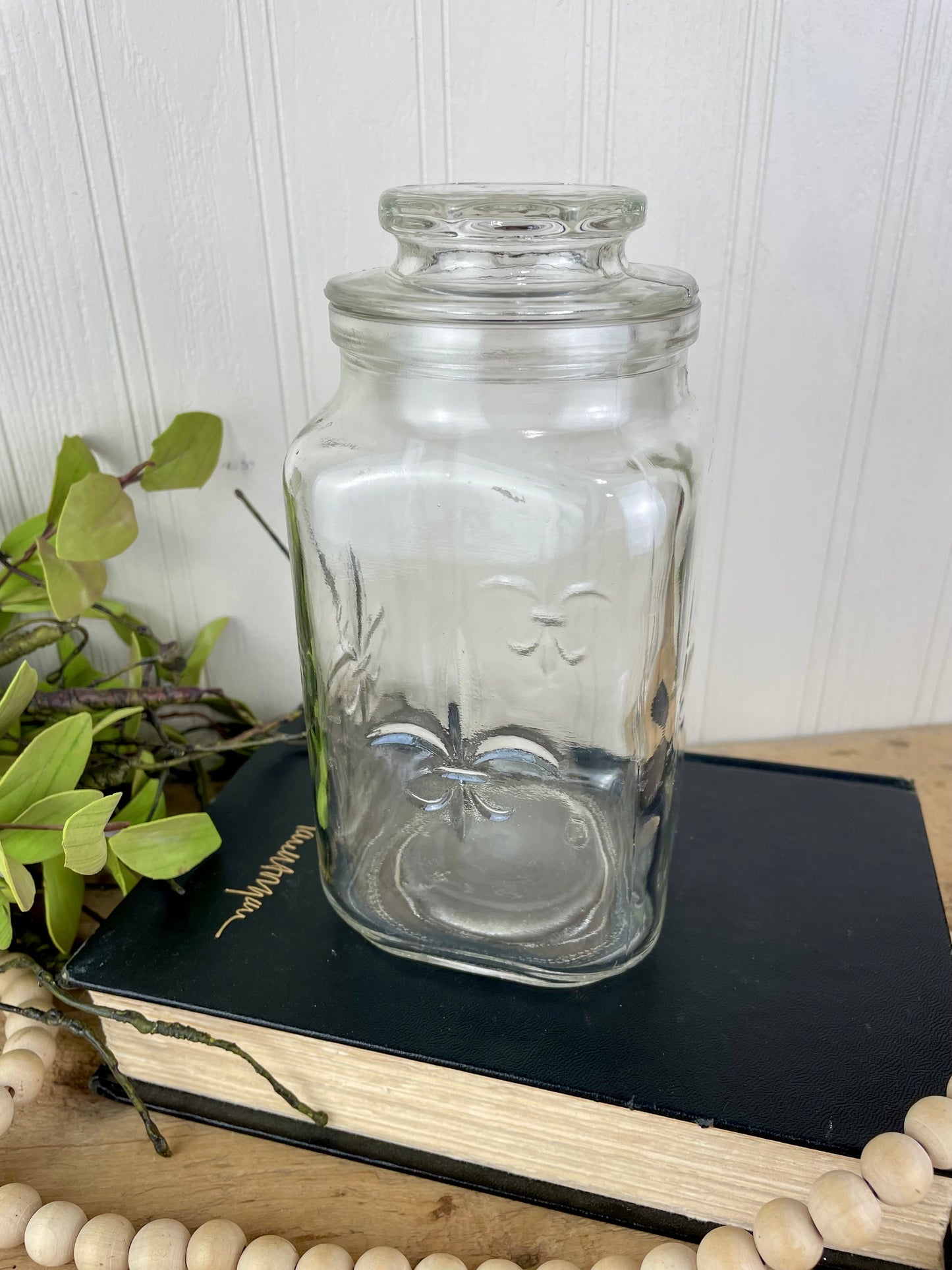 Vintage Fleur de Lis Glass Jar with Lid by Anchor Hocking