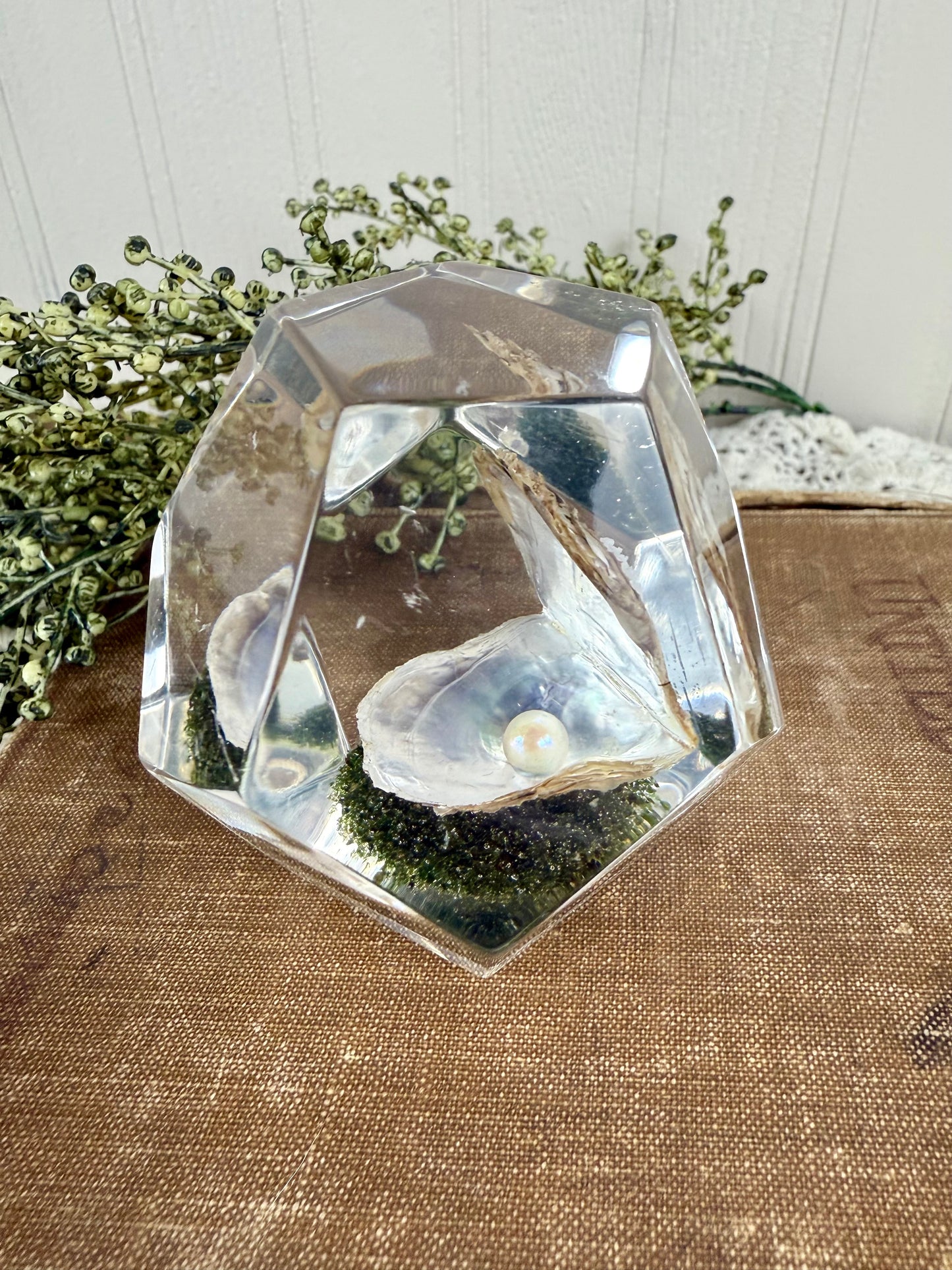 Vintage Geometric Lucite Paperweight with Clam & Pearl