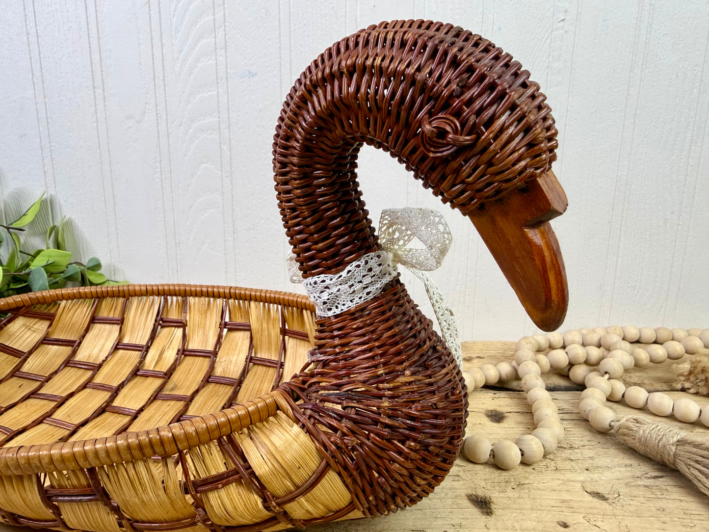 Vintage Wicker Duck Basket with Lace Bow
