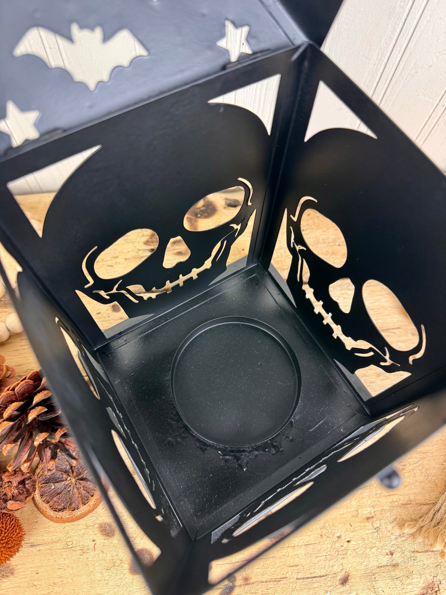 Metal Candle Lantern with Skulls and Bats