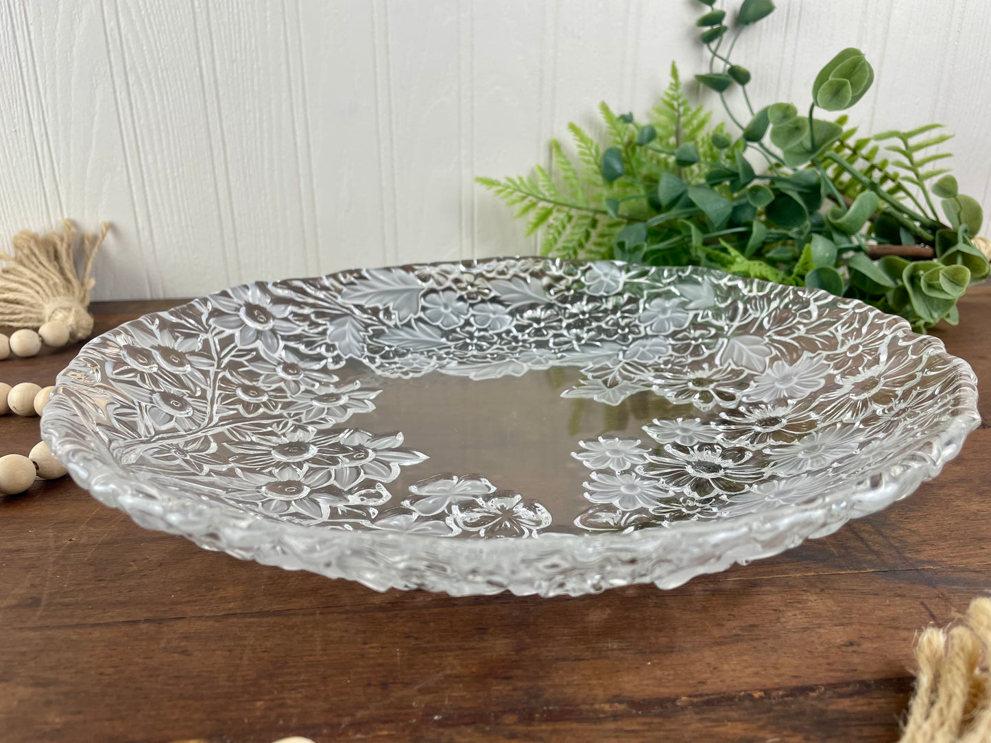 Vintage Shallow Glass Bowl with Embossed Floral Design