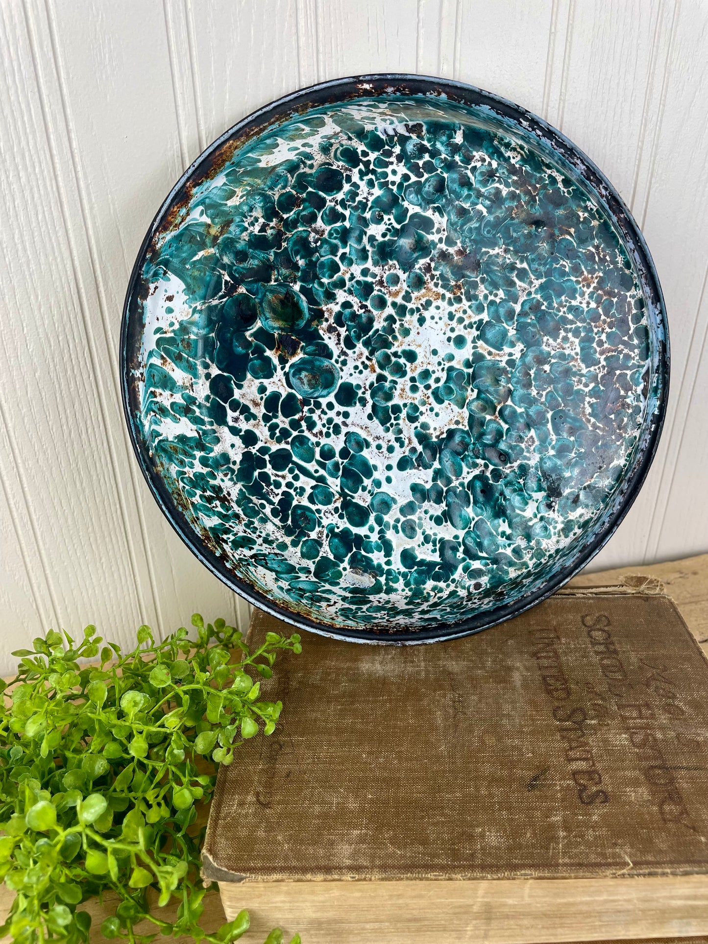 Vintage Teal & White Enamel Bowl with Black Rim