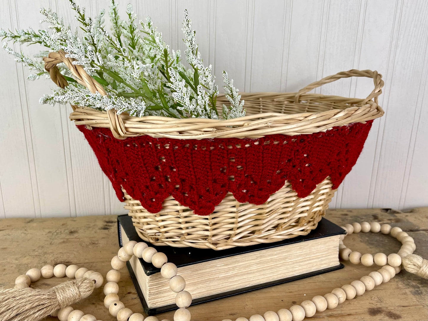 Upcycled Vintage Wicker Basket with Red Crochet Trim
