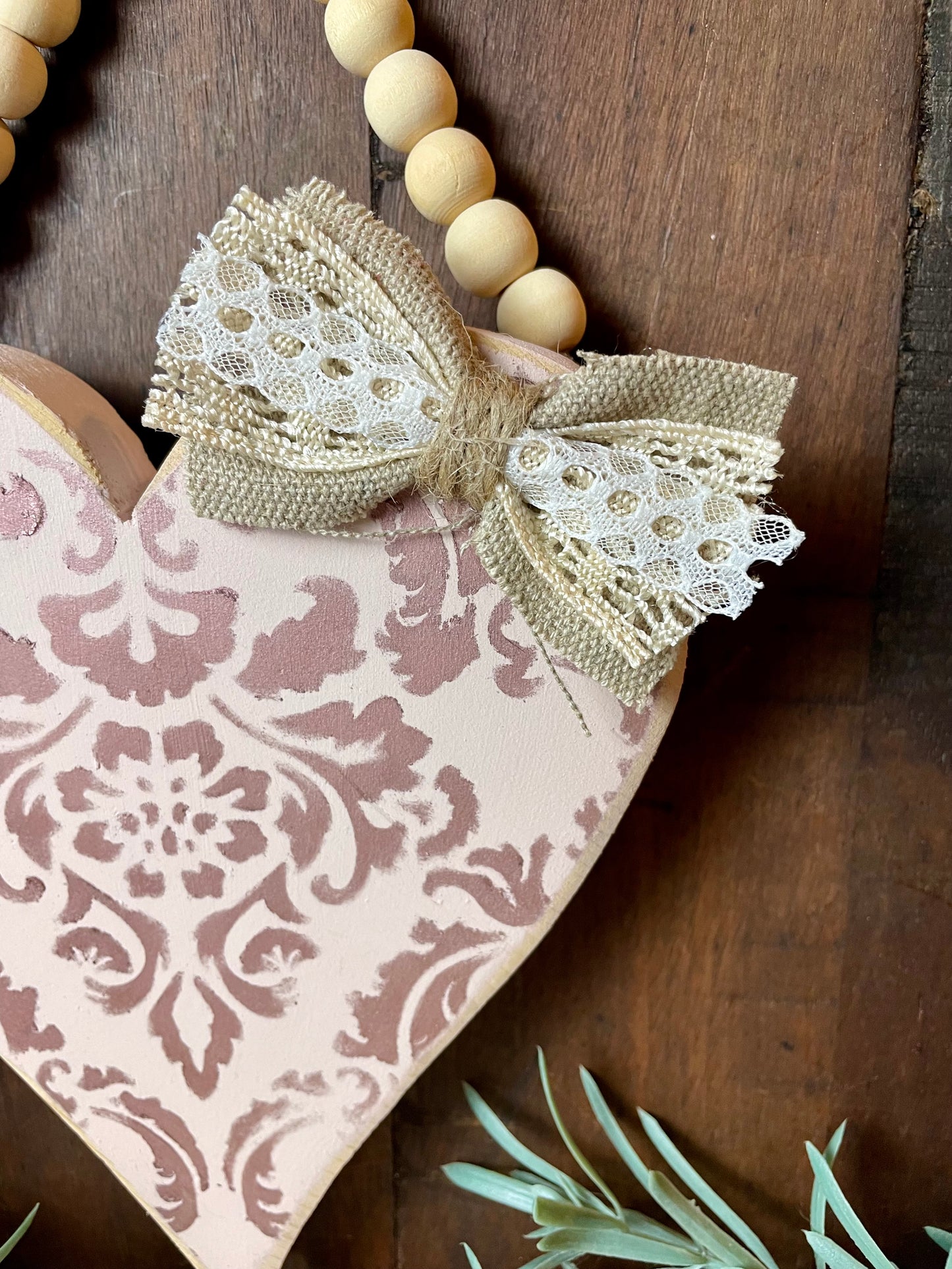 Handmade Reclaimed Wood Heart with Bead Hanger- F