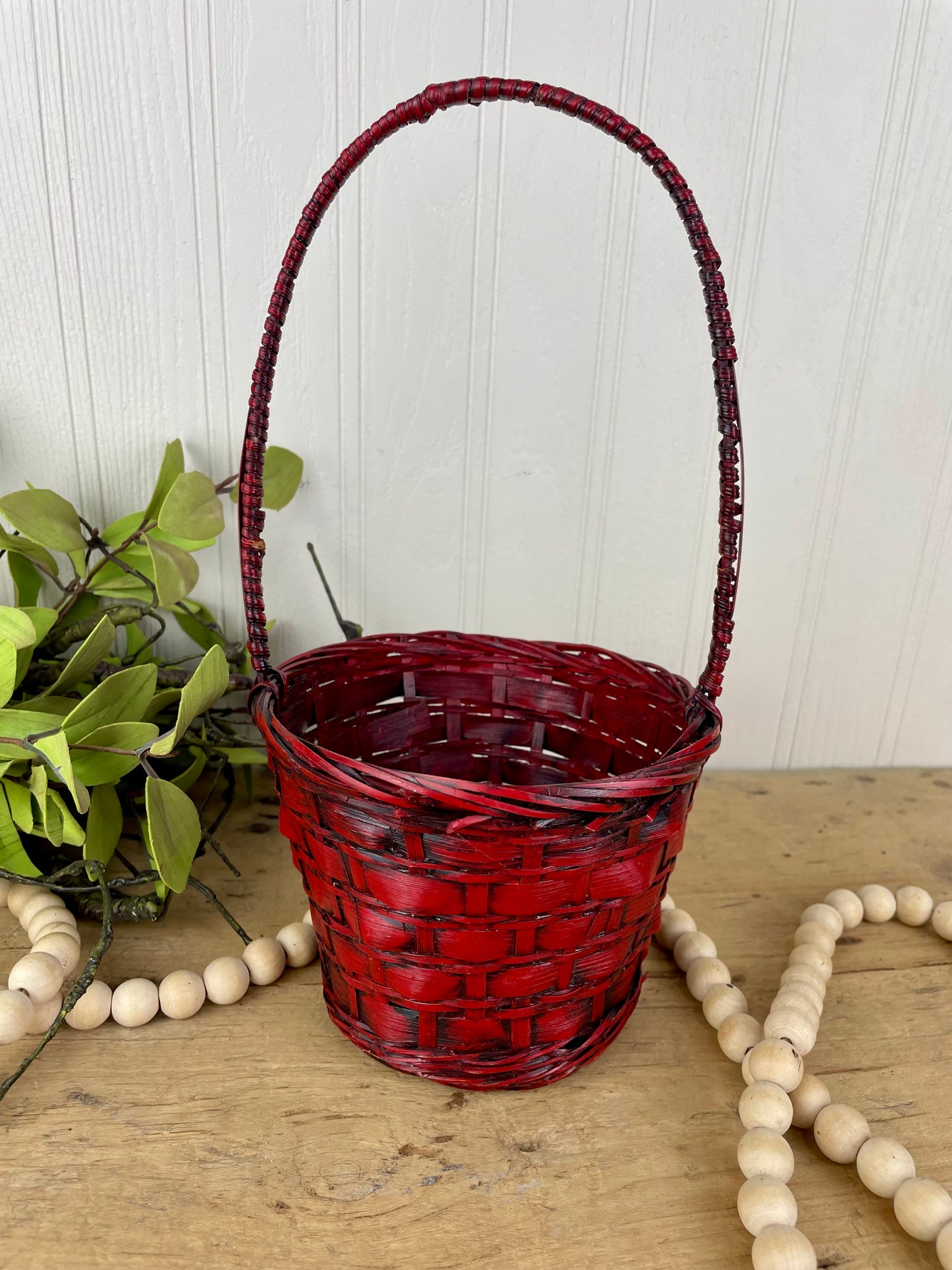 Vintage Red Wicker Basket with Handle