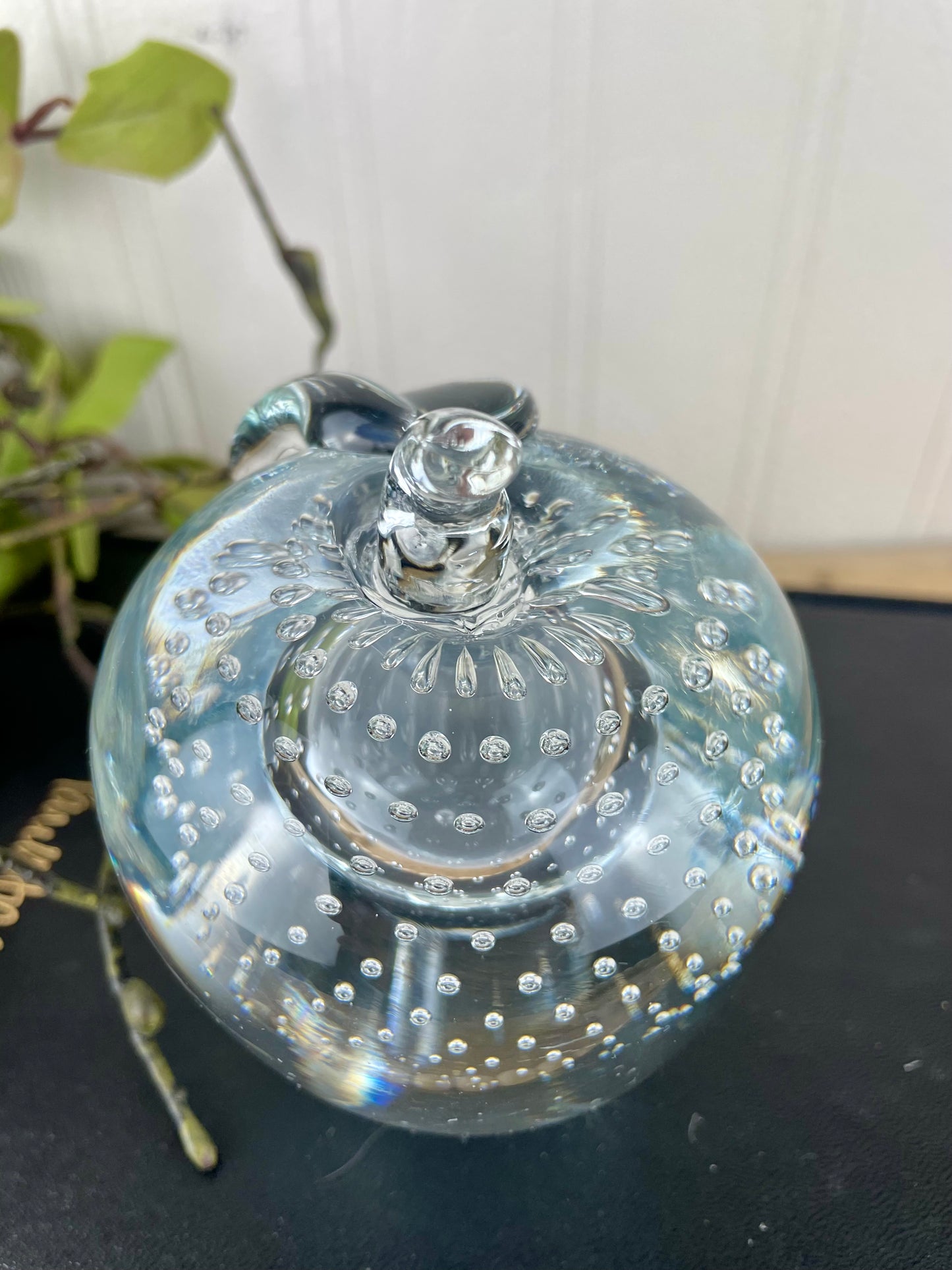 Vintage Clear Bubbled Art Glass Apple Paperweight