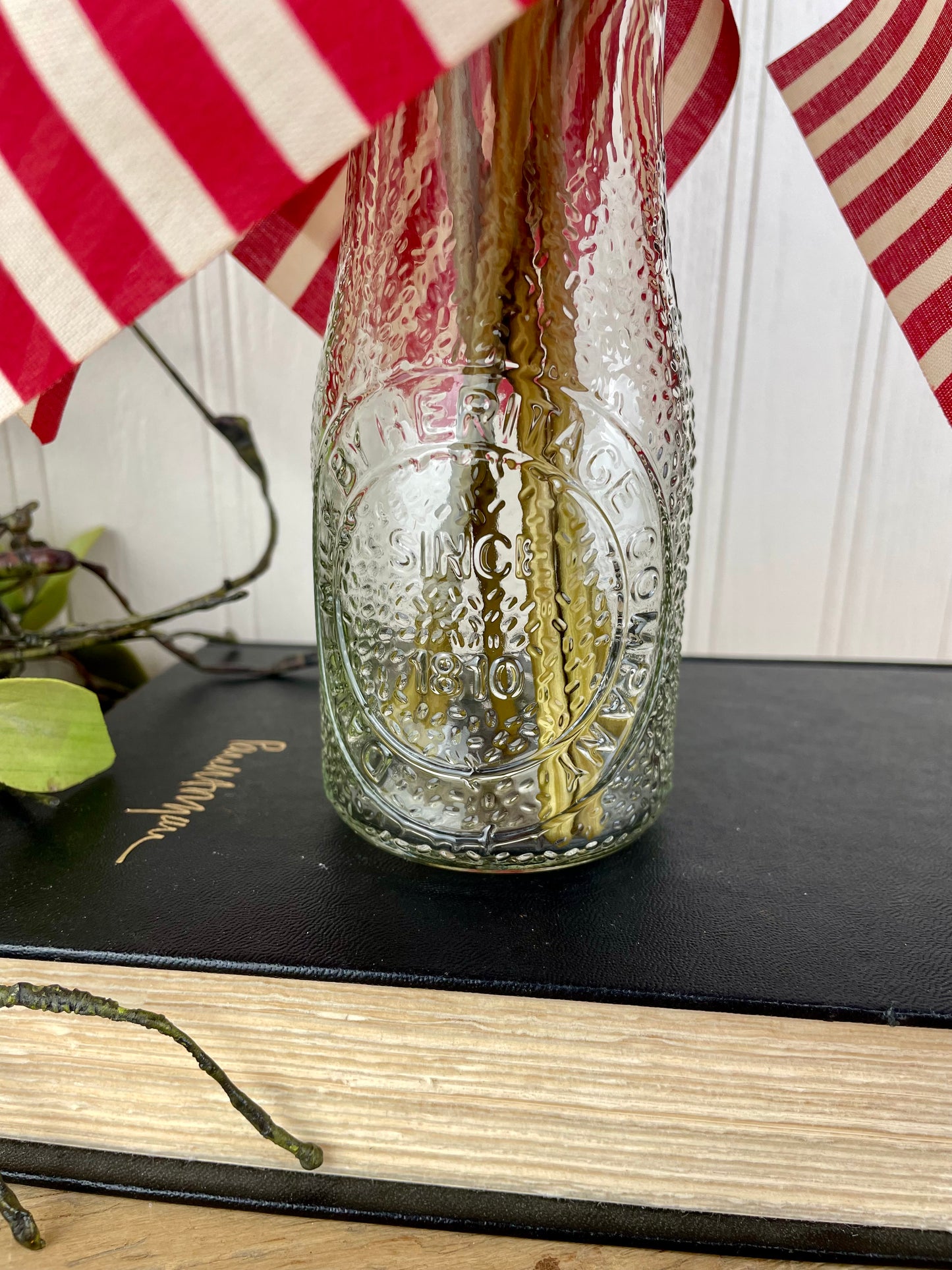 Vintage Pebbled Glass Half Pint Milk Bottle with Mini Flags