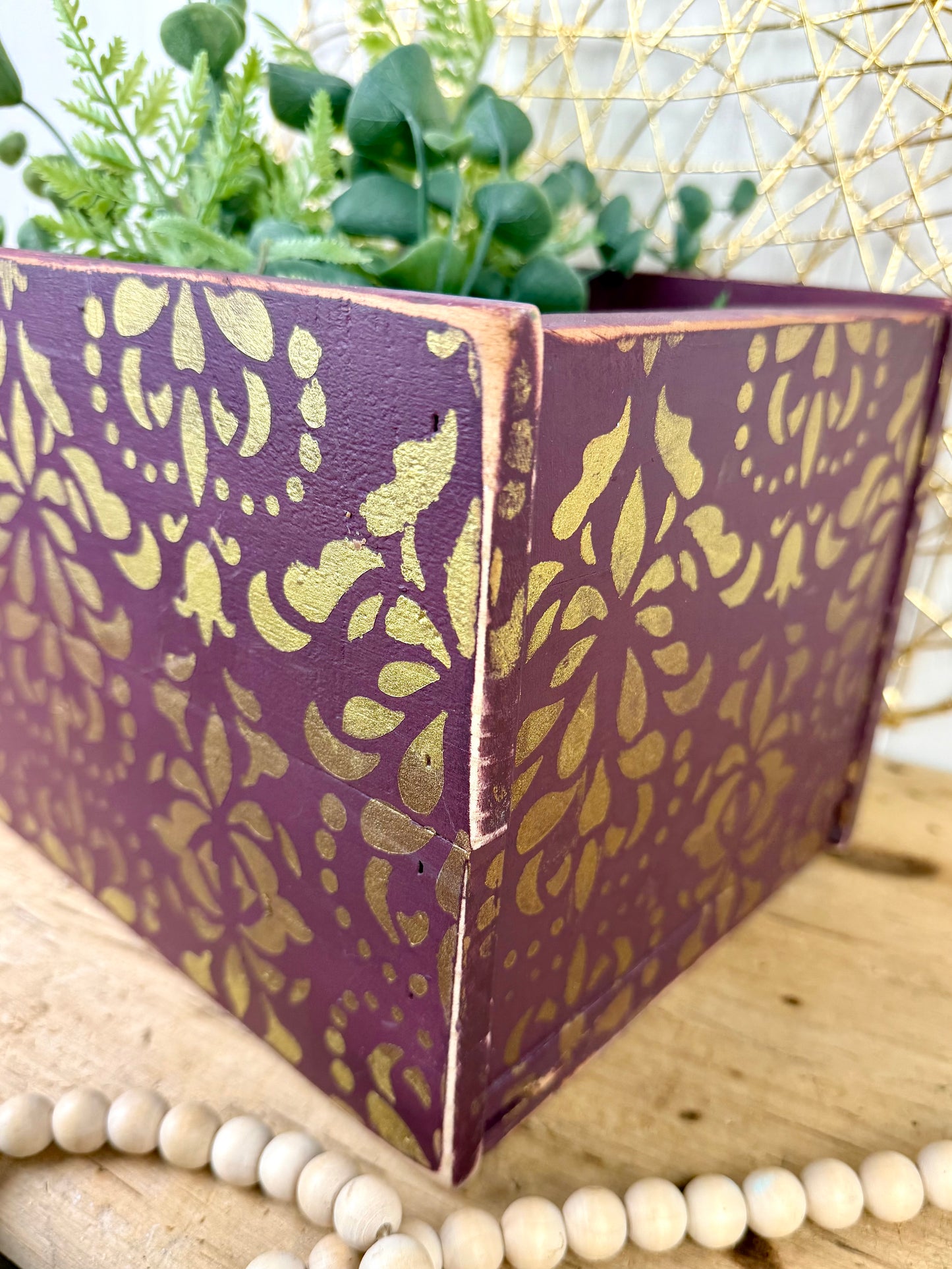 Handmade Reclaimed Wood Purple Box with Gold Details