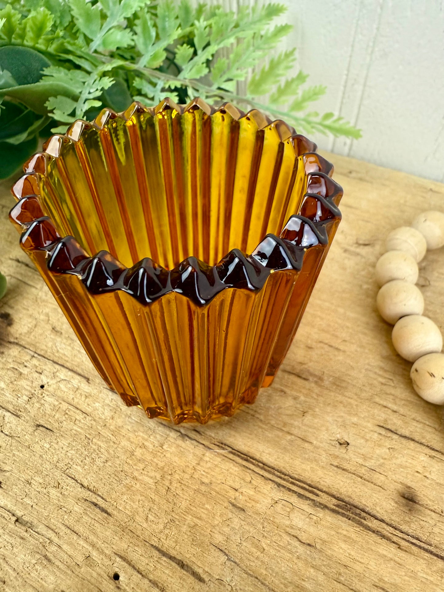 Vintage Indiana Glass Co. Striated Amber Candle Votive