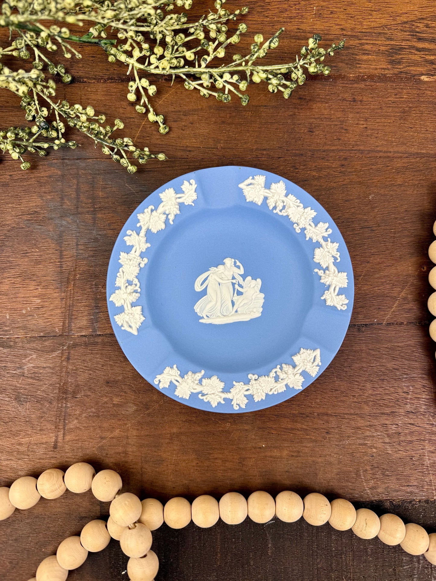 Wedgwood Blue Jasperware Ashtray with Sleeping Cupid & Grapevine Design