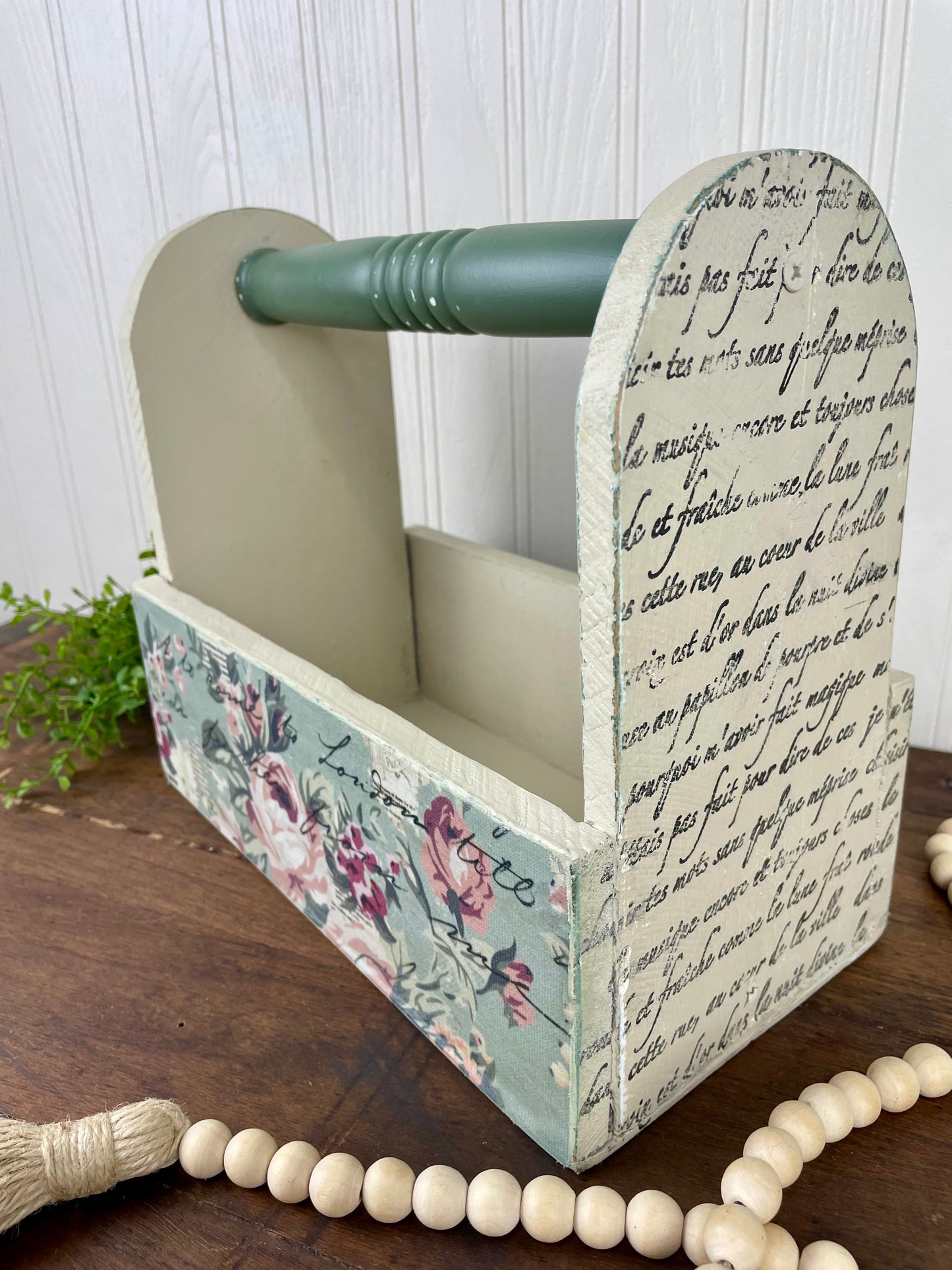 Handmade Upcycled Wooden Beige Tote with Green Handle