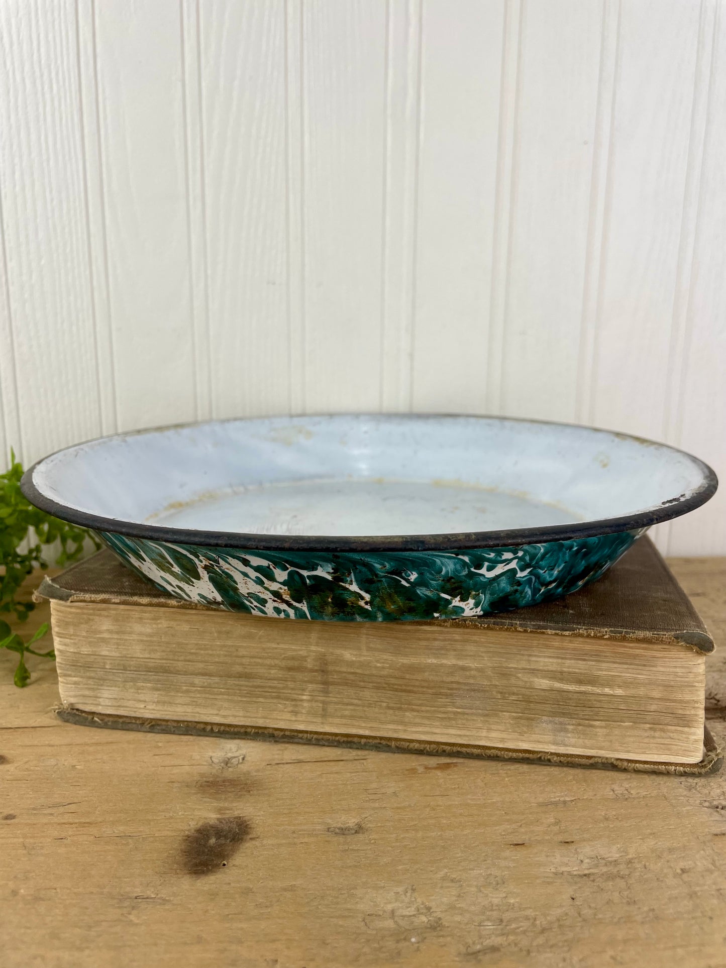 Vintage Teal & White Enamel Bowl with Black Rim