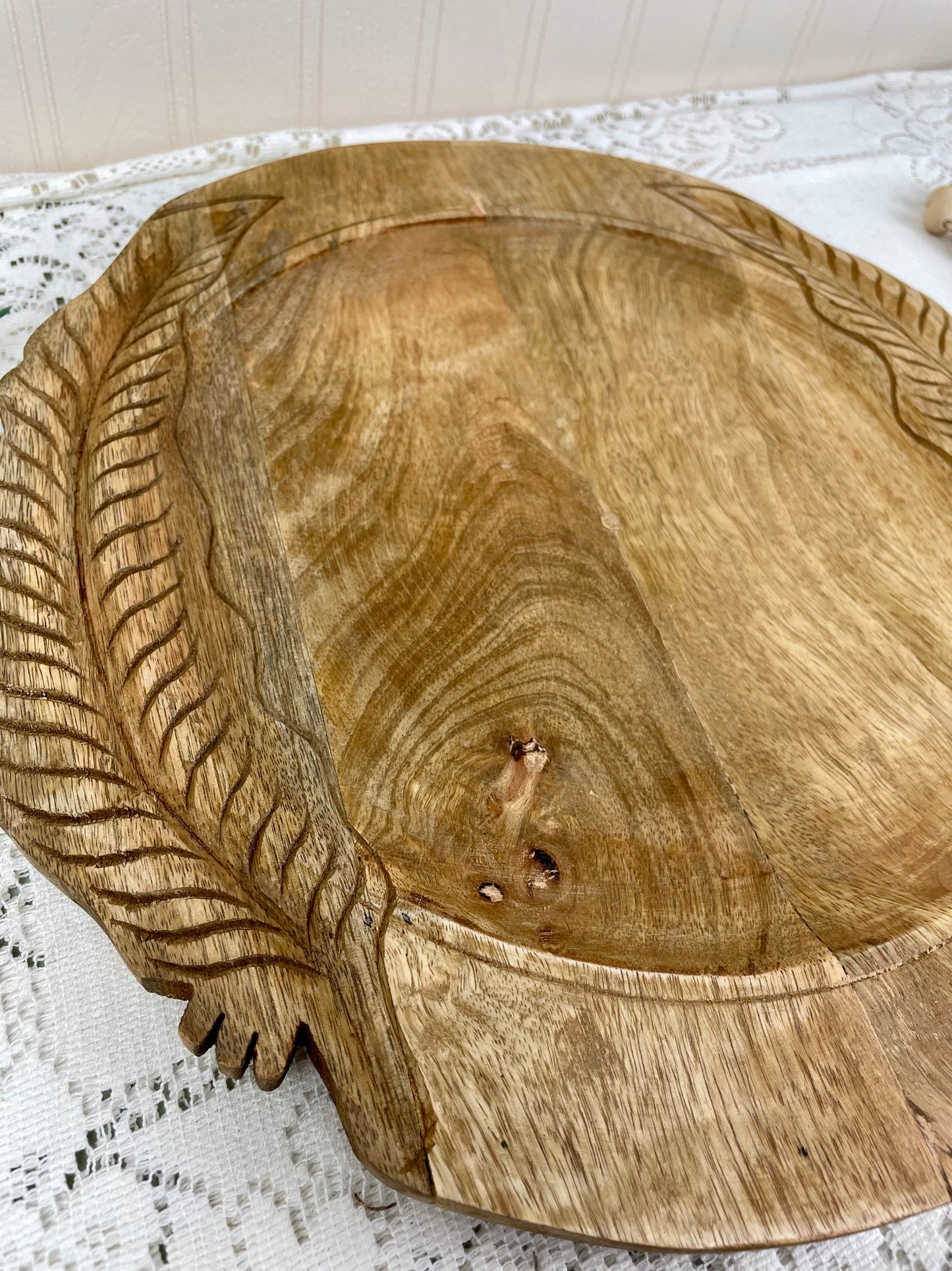 Wooden Platter with Carved Feather Details