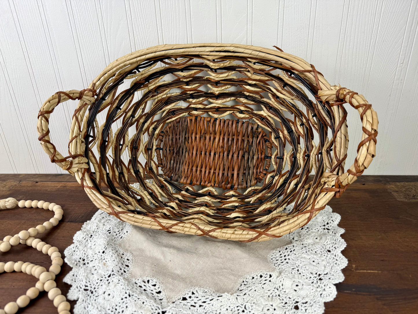 Vintage Woven Oval Basket with Handles
