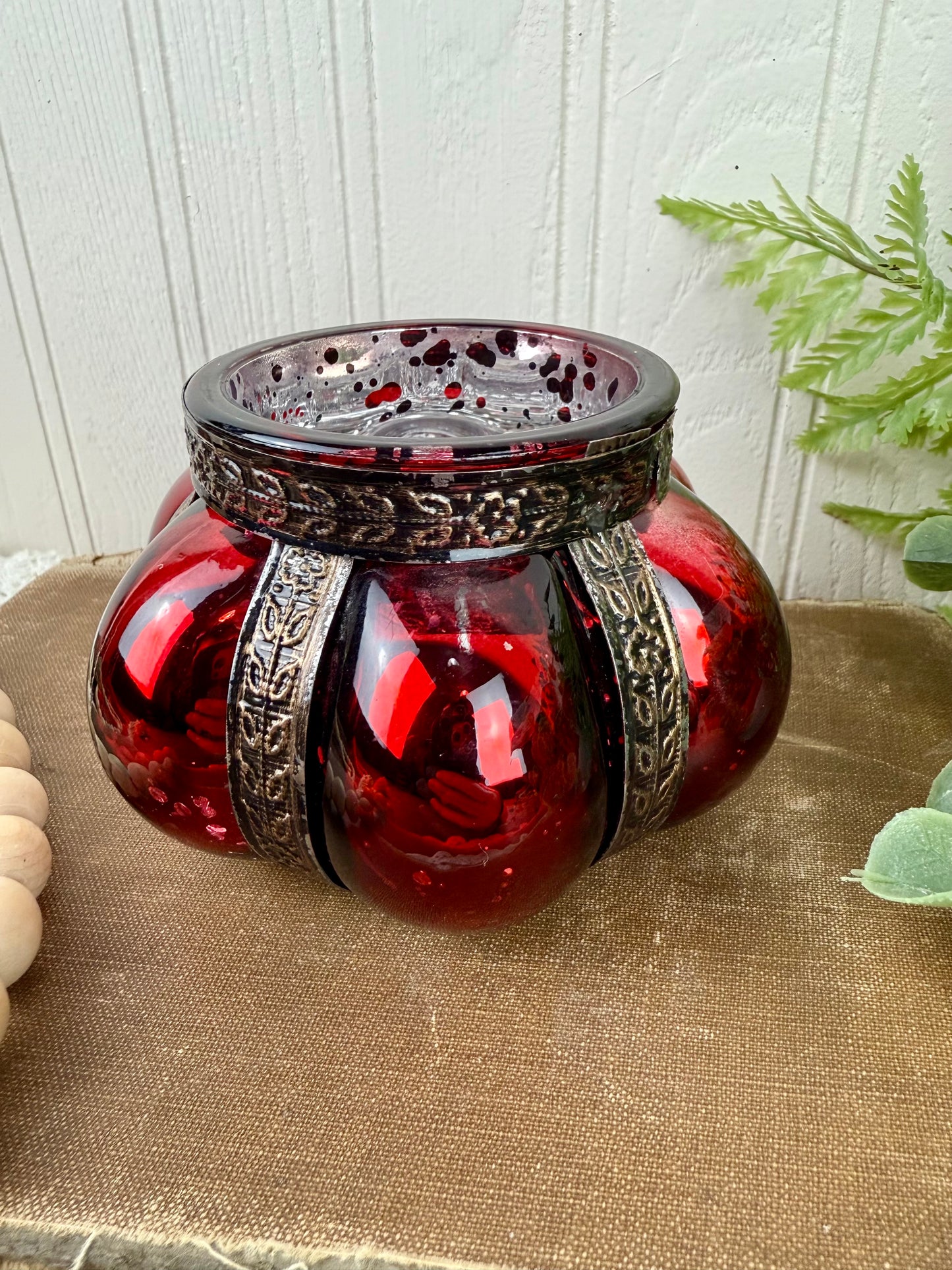 Vintage Red Mercury Glass Tea Light Holder with Metal Accents