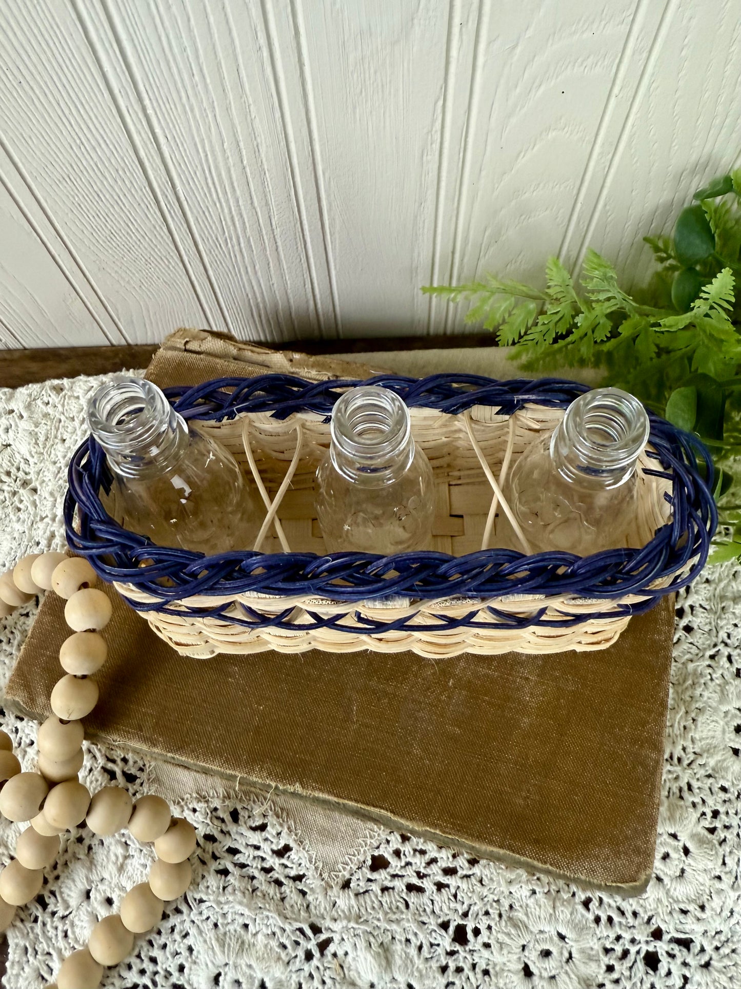 Vintage Miniature Basket With Glass Bottles