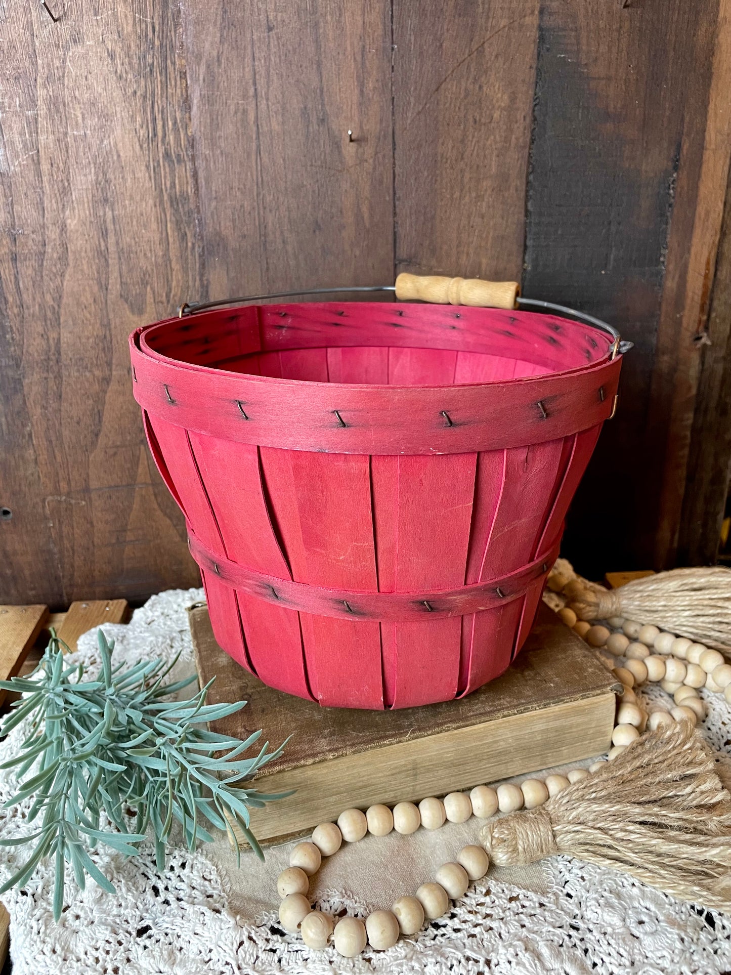 Vintage Small Wooden Bushel Basket with Handle