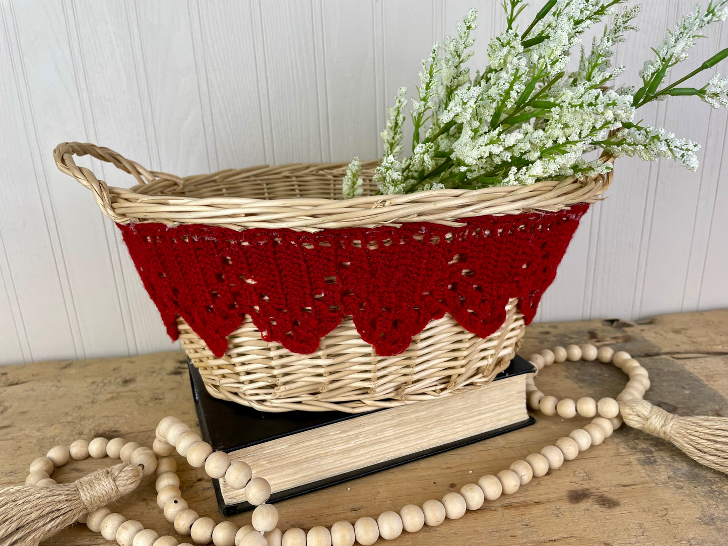 Upcycled Vintage Wicker Basket with Red Crochet Trim