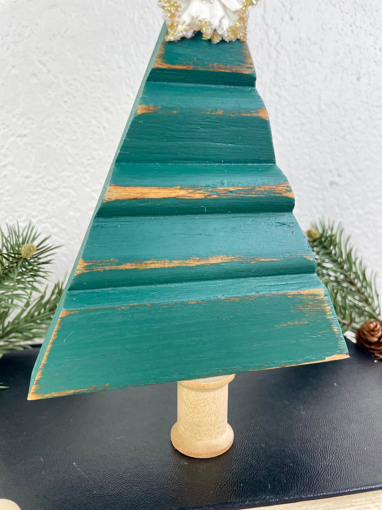 Upcycled Small Vintage Trim Forest Green Christmas Tree with White Poinsettia