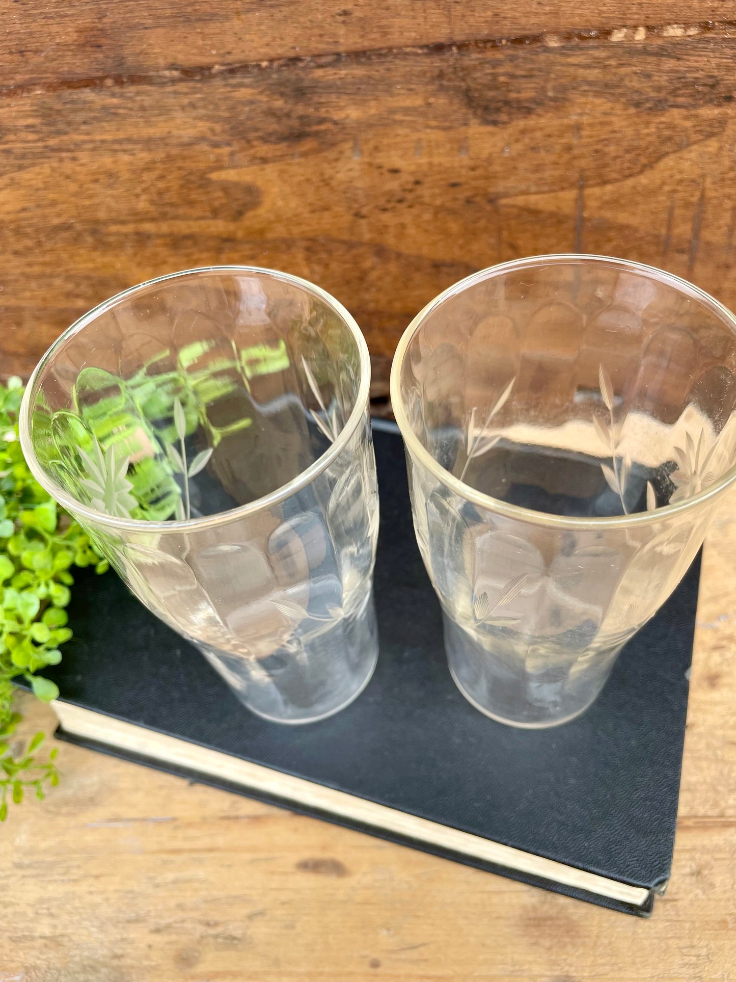 Vintage Drinking Glass Set with Etched Flowers