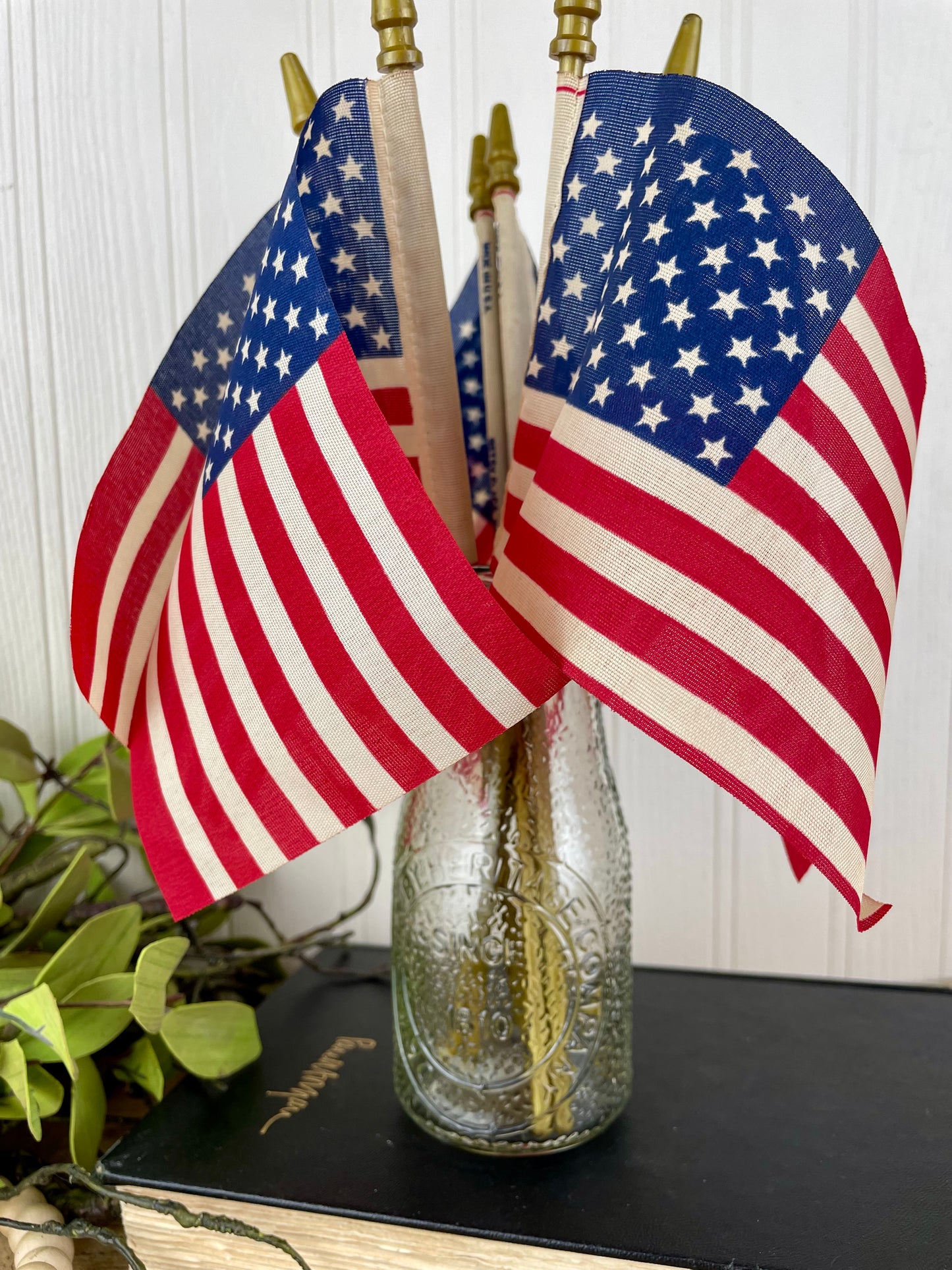 Vintage Pebbled Glass Half Pint Milk Bottle with Mini Flags