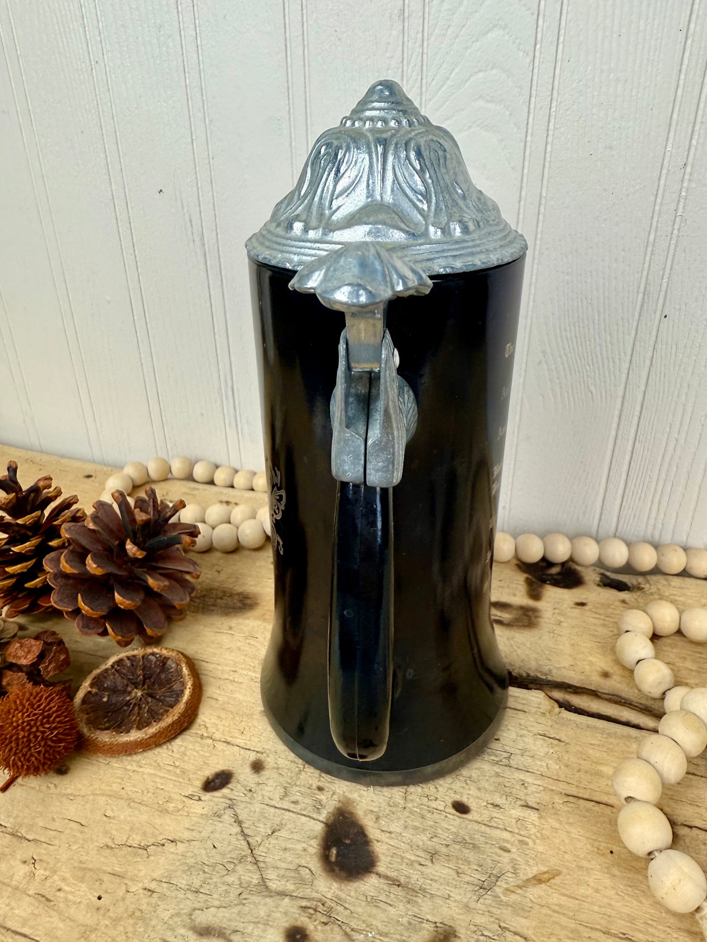 Vintage Black Glass Beer Stein with Pewter Lid