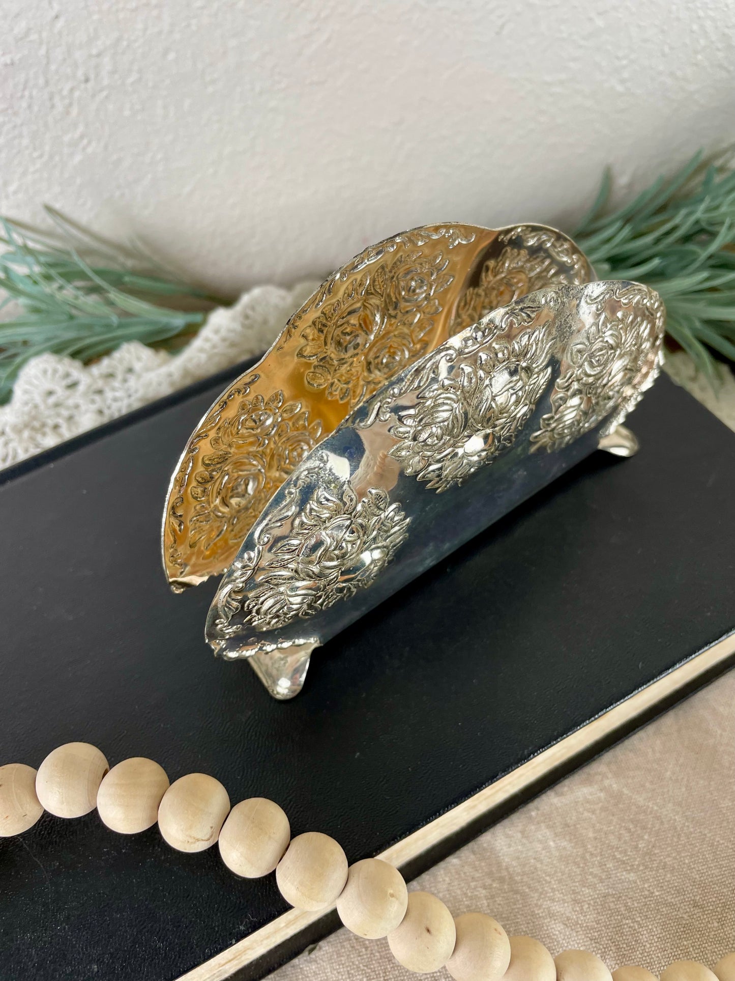 Vintage Silver-plated Napkin Holder with Roses