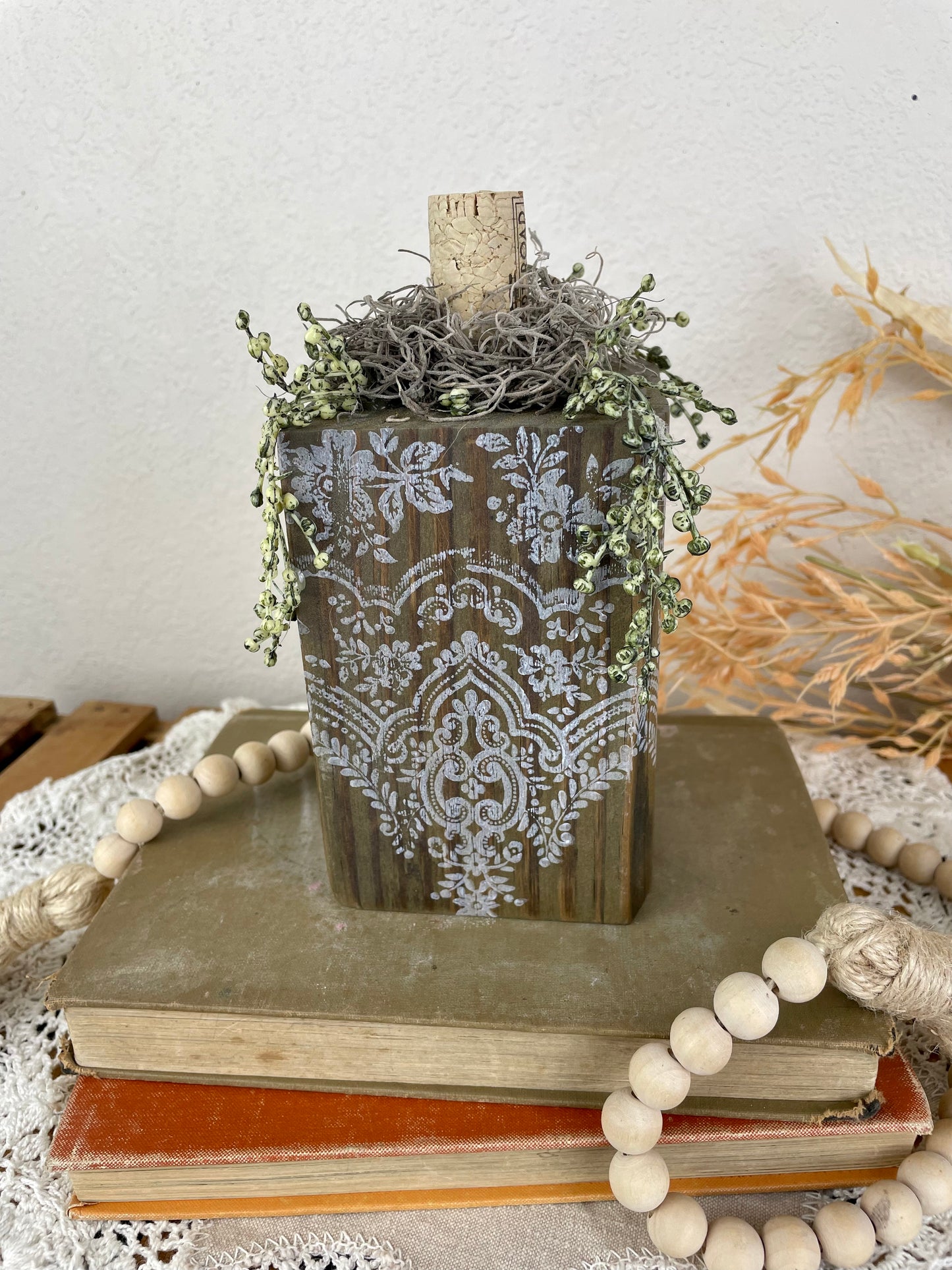 Handmade Reclaimed Wood Tall Block Pumpkin with Stamped Lace Details