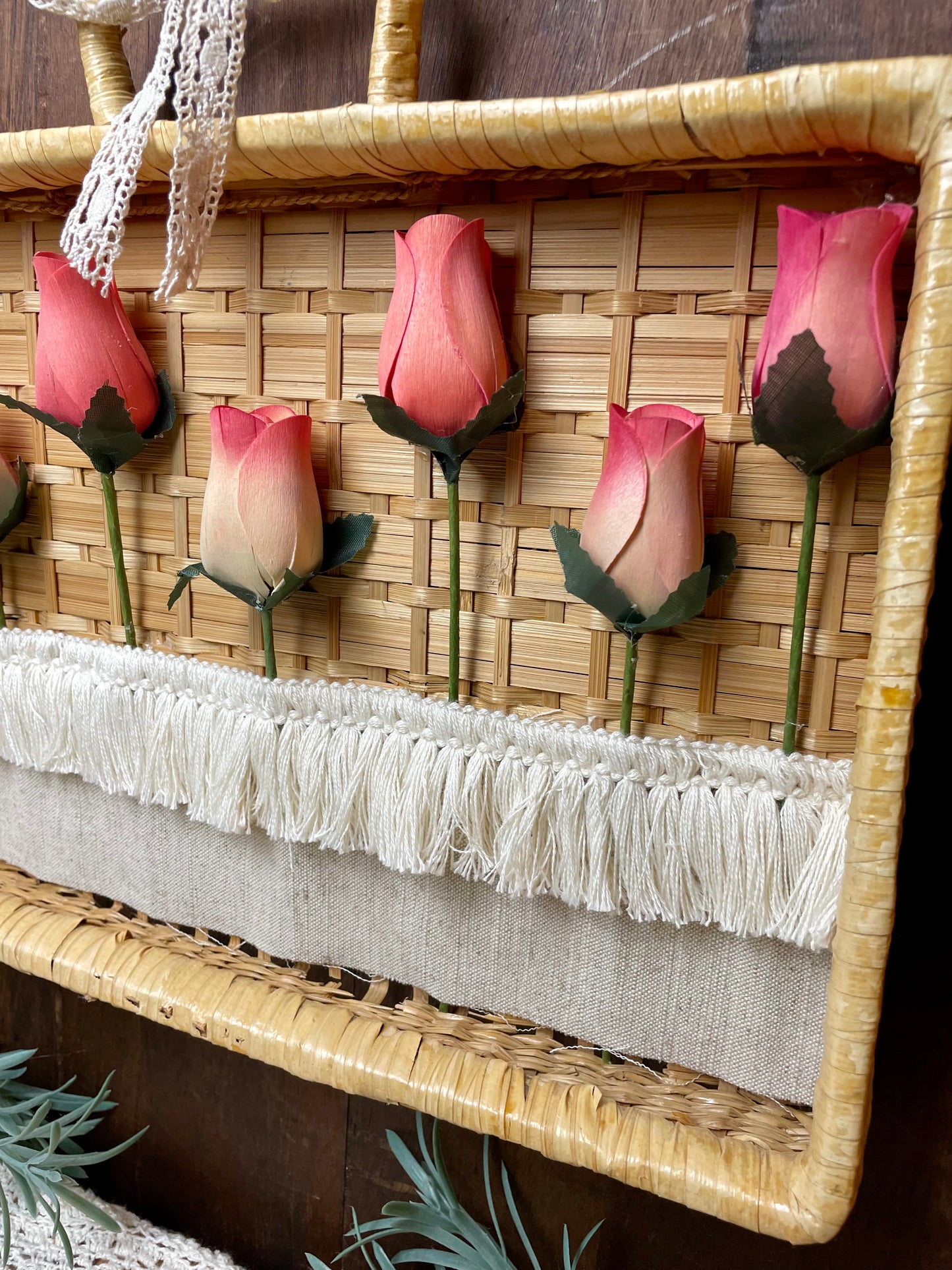 Handmade Pink Rose Wicker Wall Decor