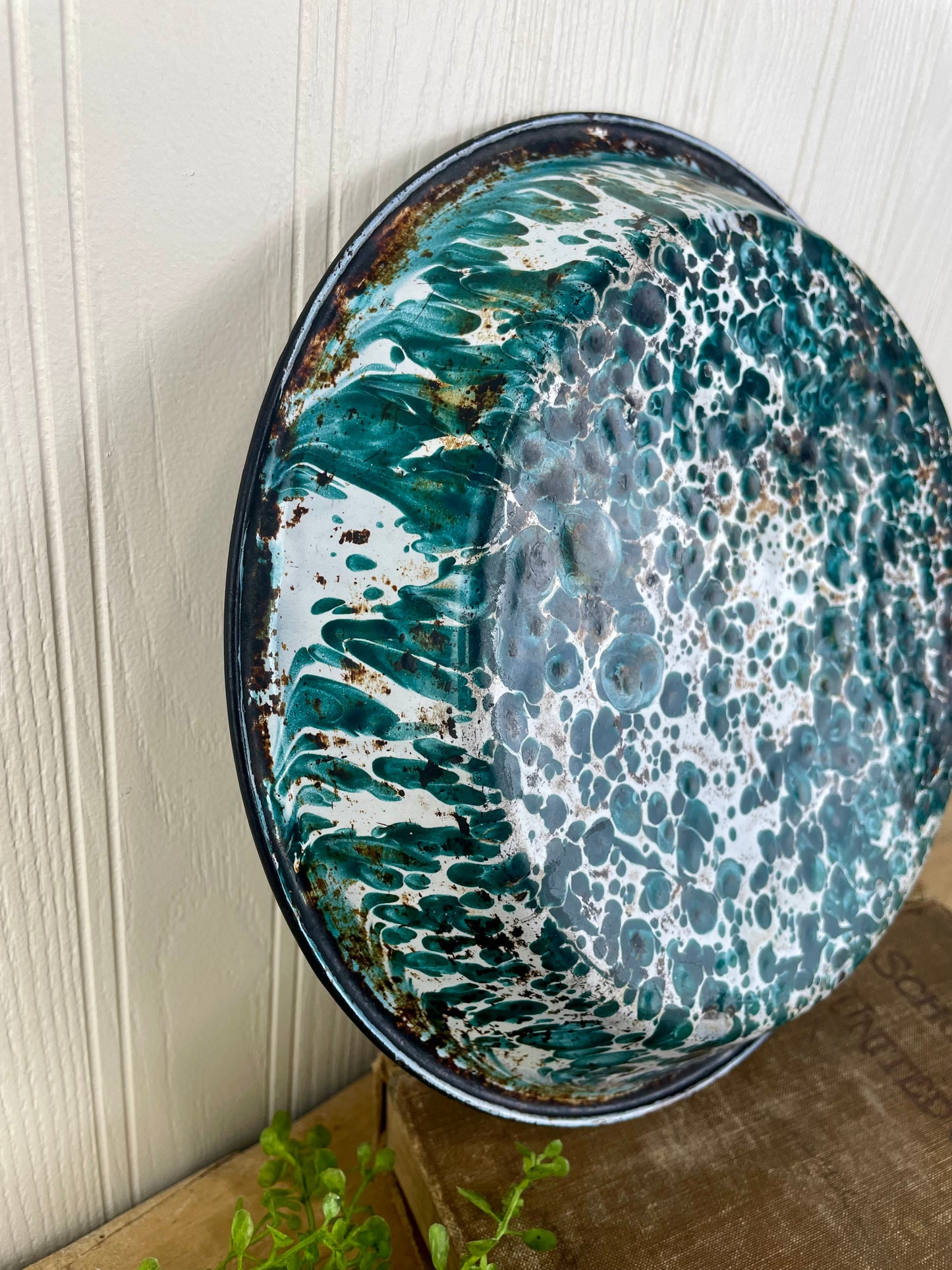 Vintage Teal & White Enamel Bowl with Black Rim