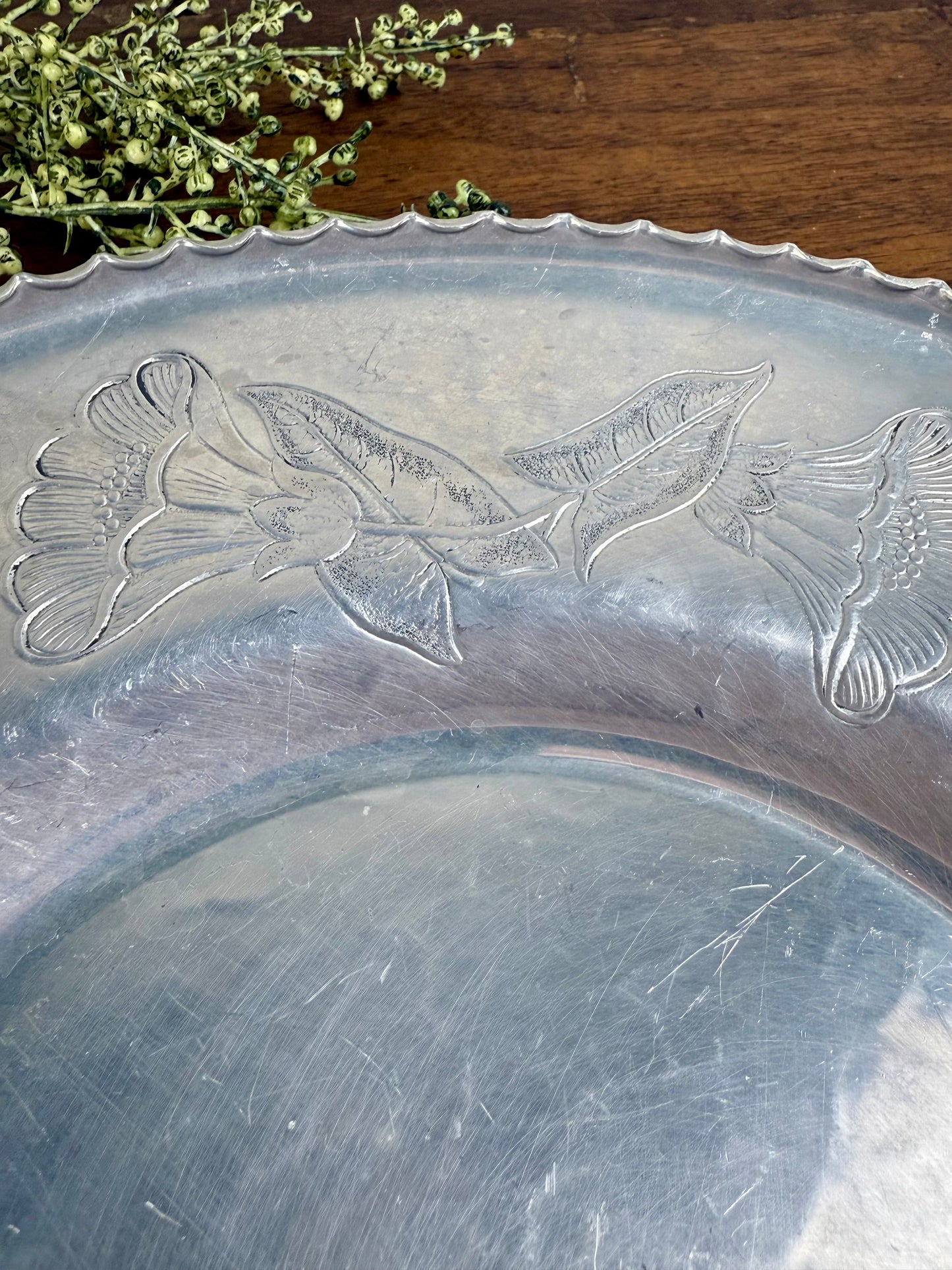 Vintage Wrought Aluminum Serving Tray with Etched Florals