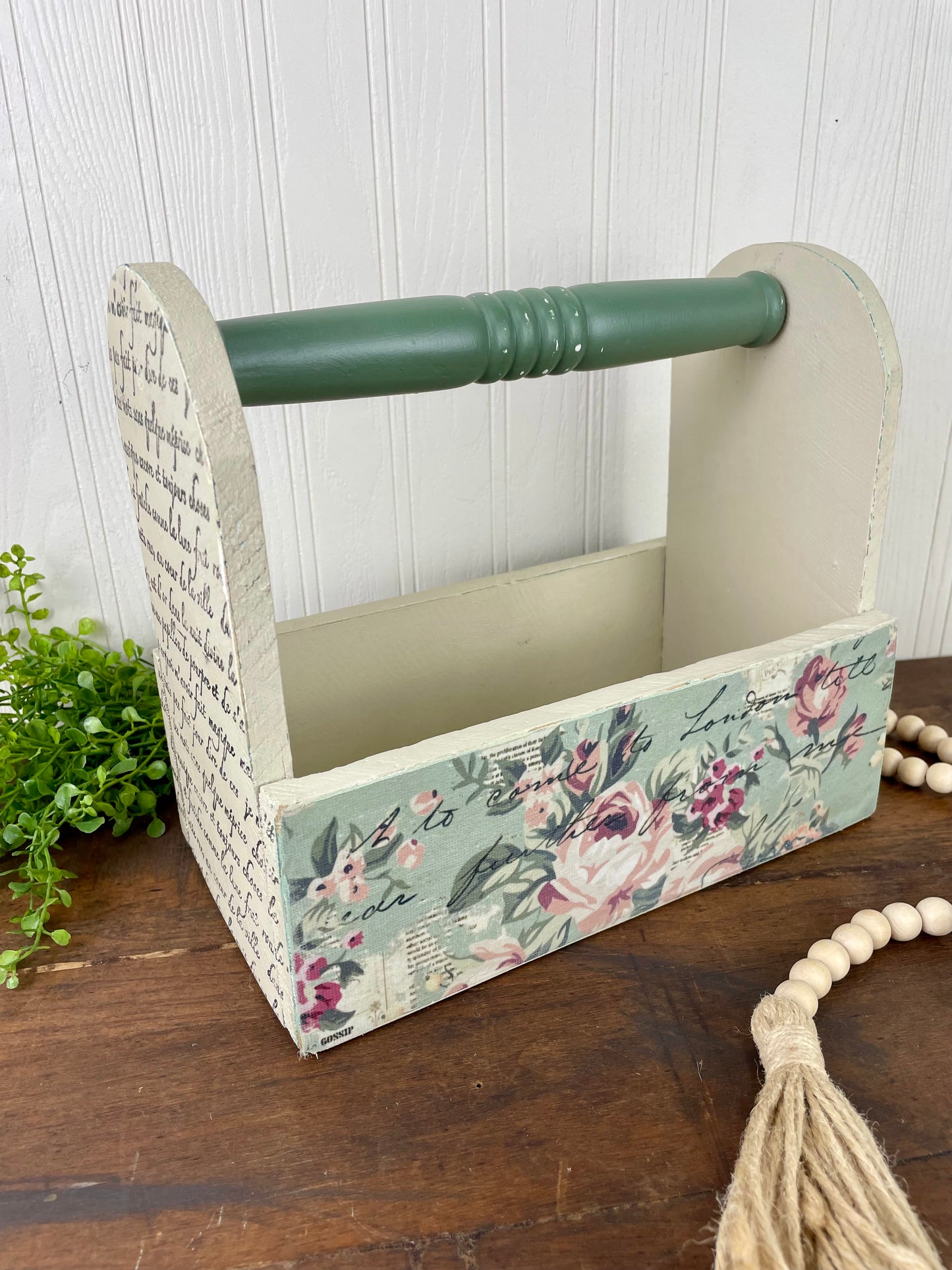 Handmade Upcycled Wooden Beige Tote with Green Handle