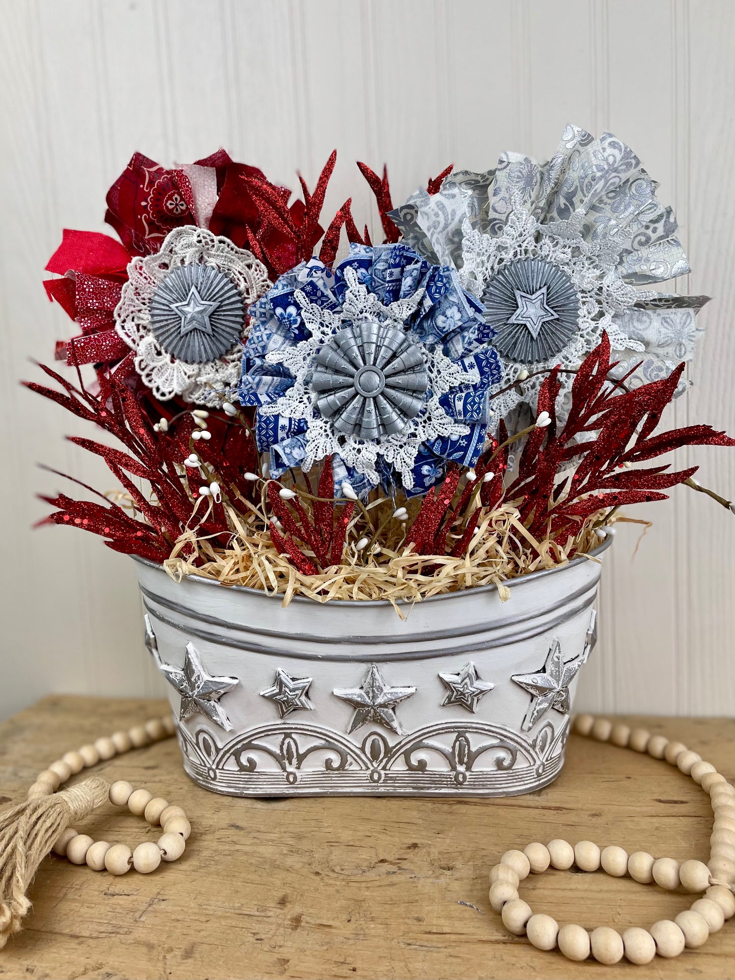 Handmade July 4th Centerpiece with Fabric Flowers