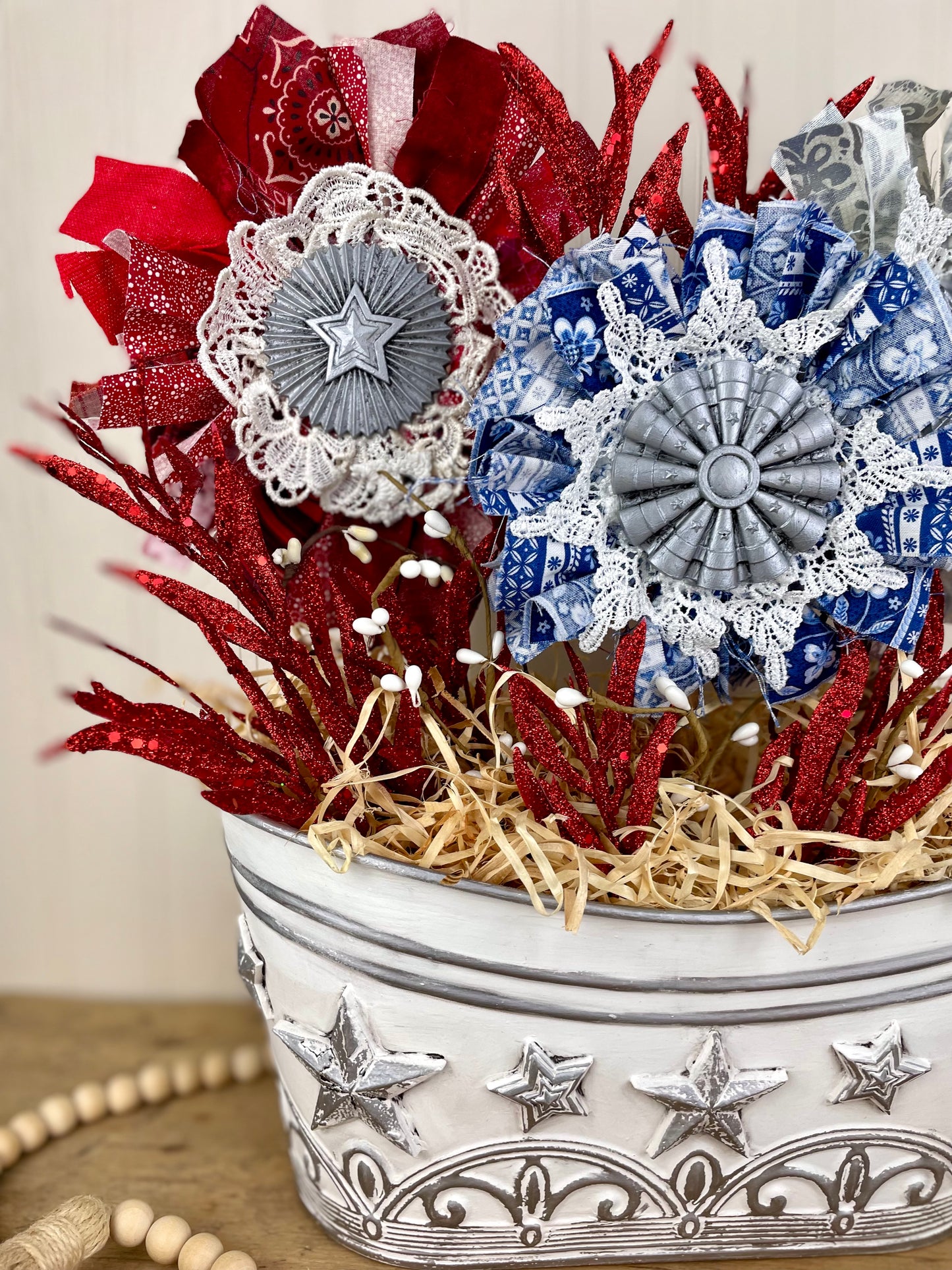 Handmade July 4th Centerpiece with Fabric Flowers