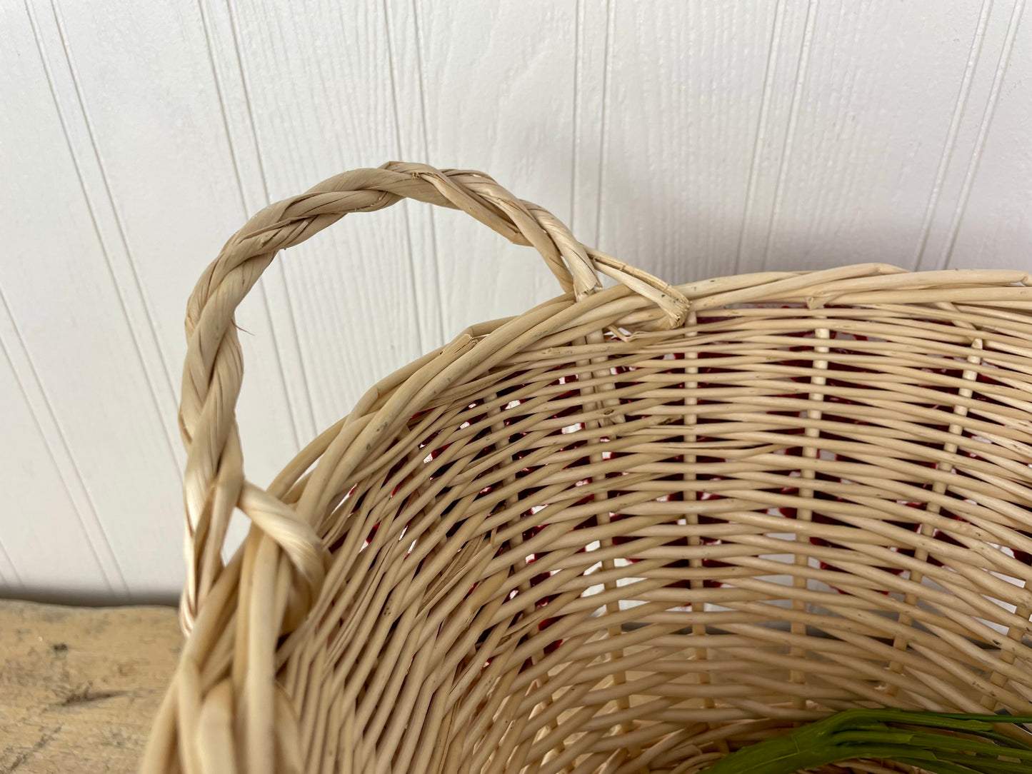 Upcycled Vintage Wicker Basket with Red Crochet Trim
